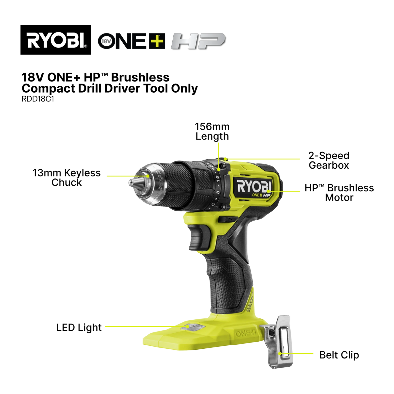 Ryobi 18V ONE+ HP Brushless Compact Drill Driver RDD18C1, Tool Only