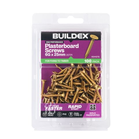 Buildex 6G x 25mm Gold Passivated Bugle Head Plasterboard Screws, 100 Pack