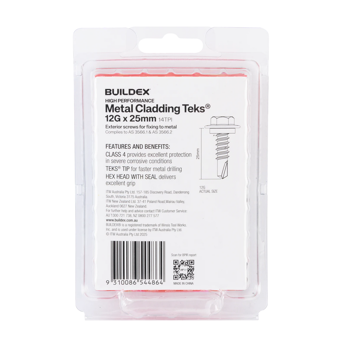 Buildex 12G x 25mm Class 4 Metal Cladding Hex Head TEKS Screws with Seal, 50 Pack