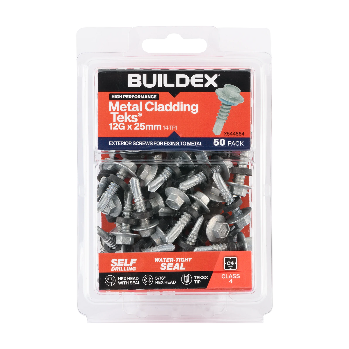 Buildex 12G x 25mm Class 4 Metal Cladding Hex Head TEKS Screws with Seal, 50 Pack