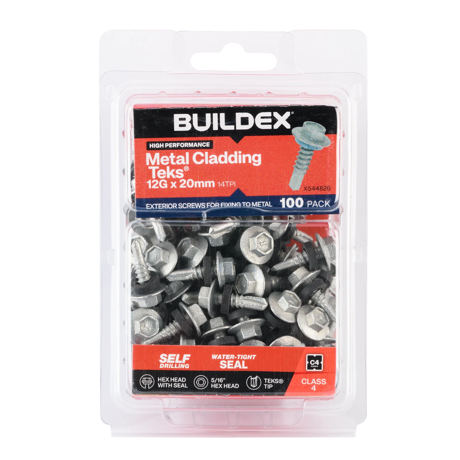 Buildex 12G x 20mm Class 4 Metal Cladding Hex Head TEKS Screws with Seal, 100 Pack