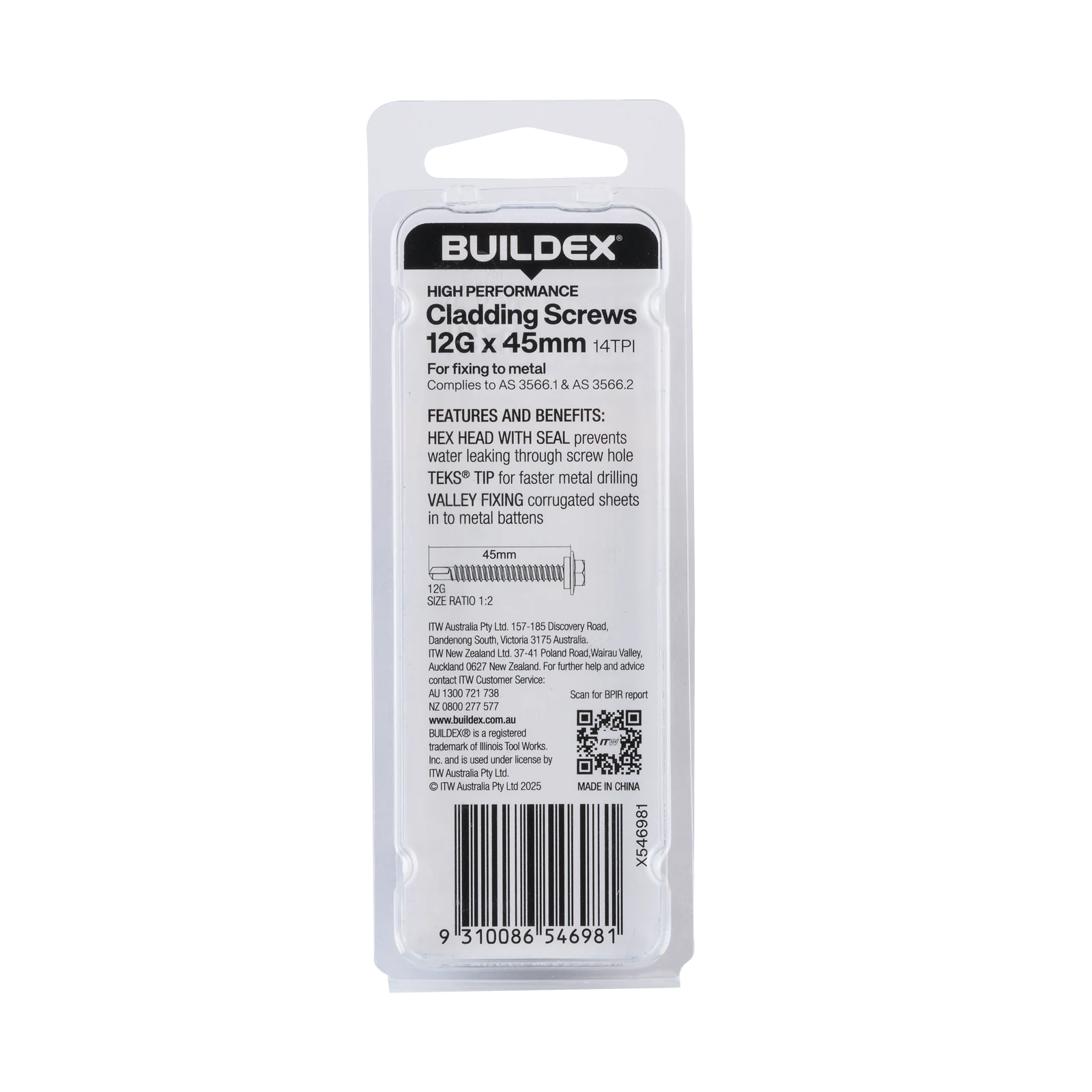 Buildex 12G x 45mm Class 3 Hex Head TEKS Cladding Screws with Seal - 8 Pack