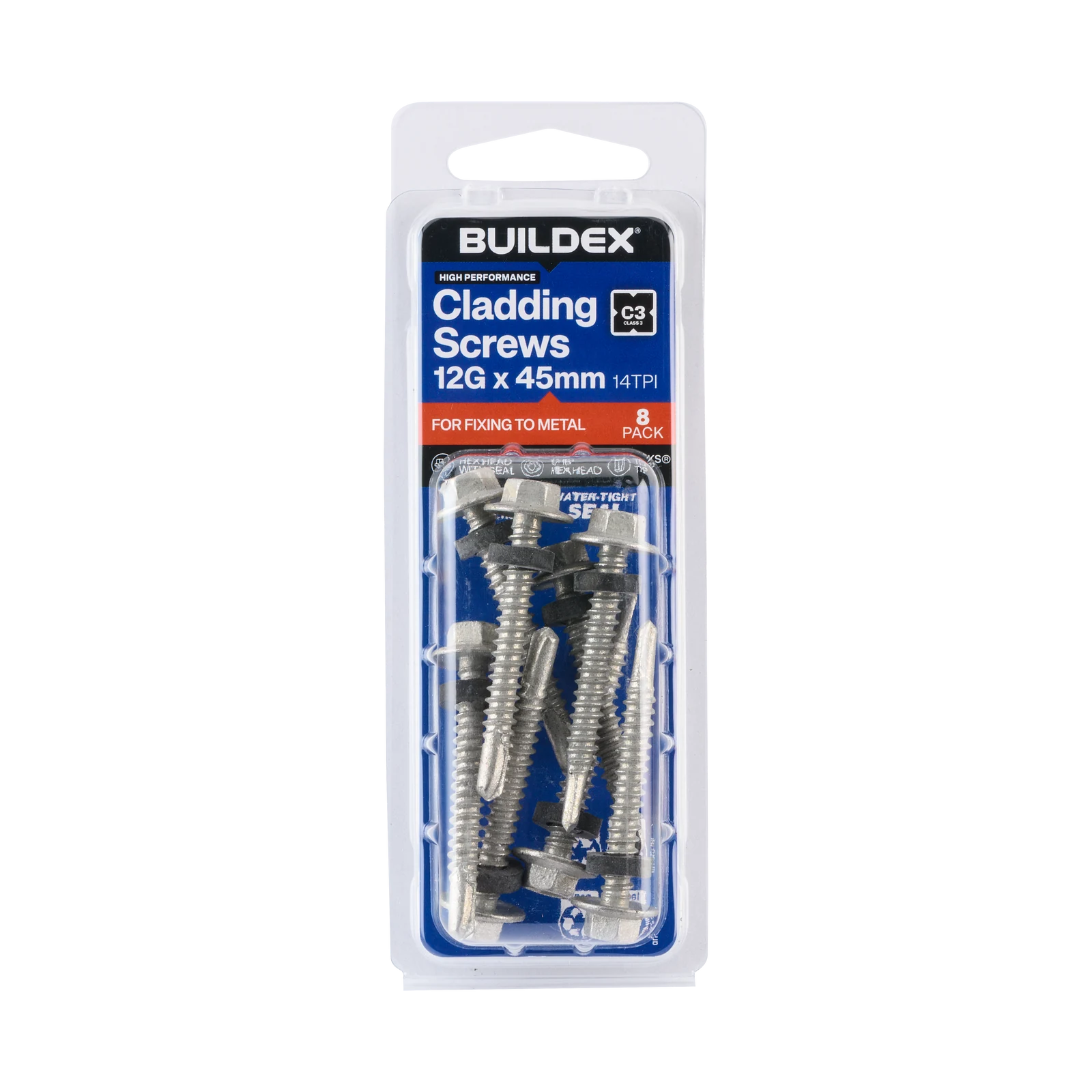 Buildex 12G x 45mm Class 3 Hex Head TEKS Cladding Screws with Seal - 8 Pack