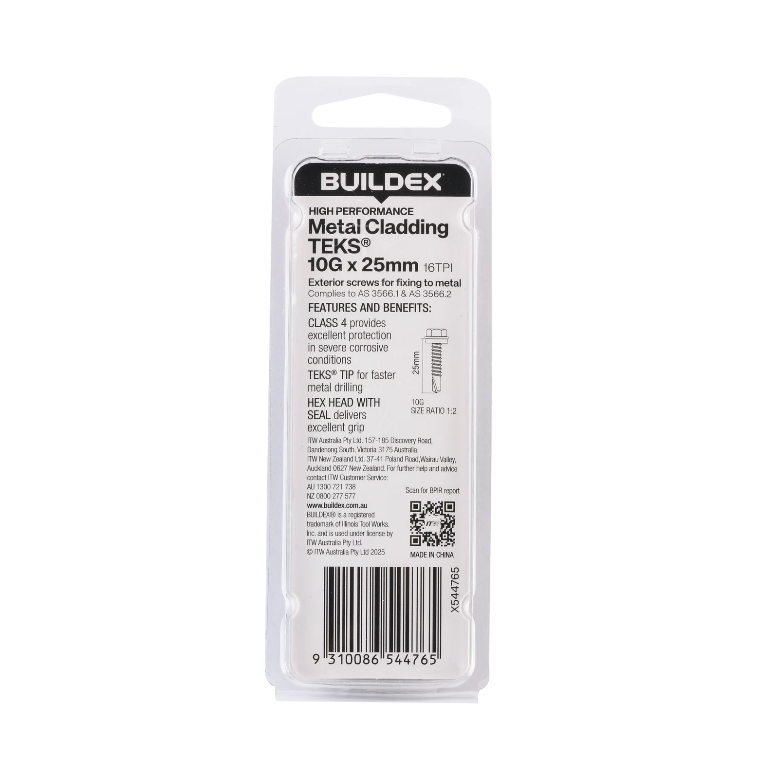 Buildex 10G x 25mm Class 4 Metal Cladding TEKS Screws with Seal, Hex Head - 20 Pack
