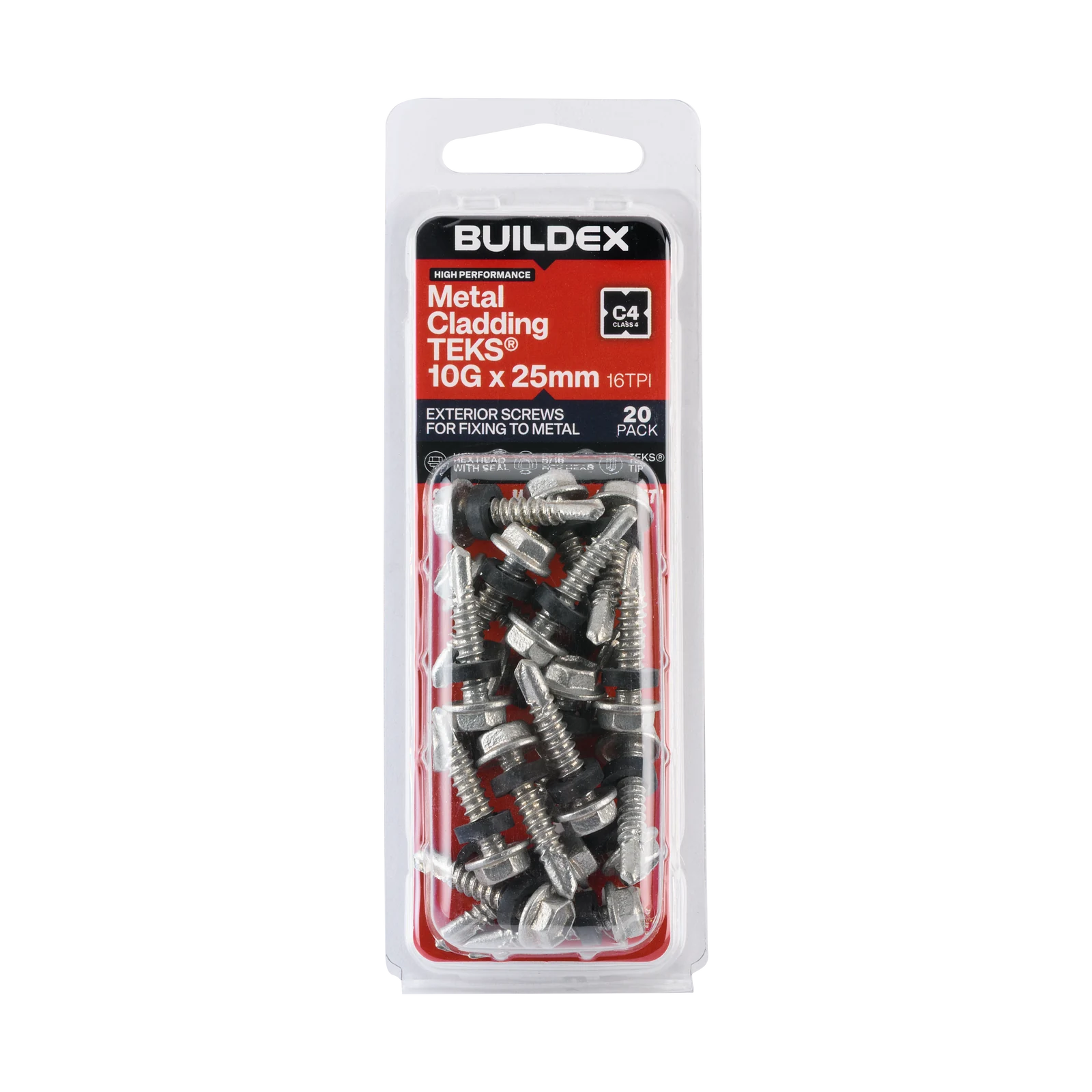 Buildex 10G x 25mm Class 4 Metal Cladding TEKS Screws with Seal, Hex Head - 20 Pack