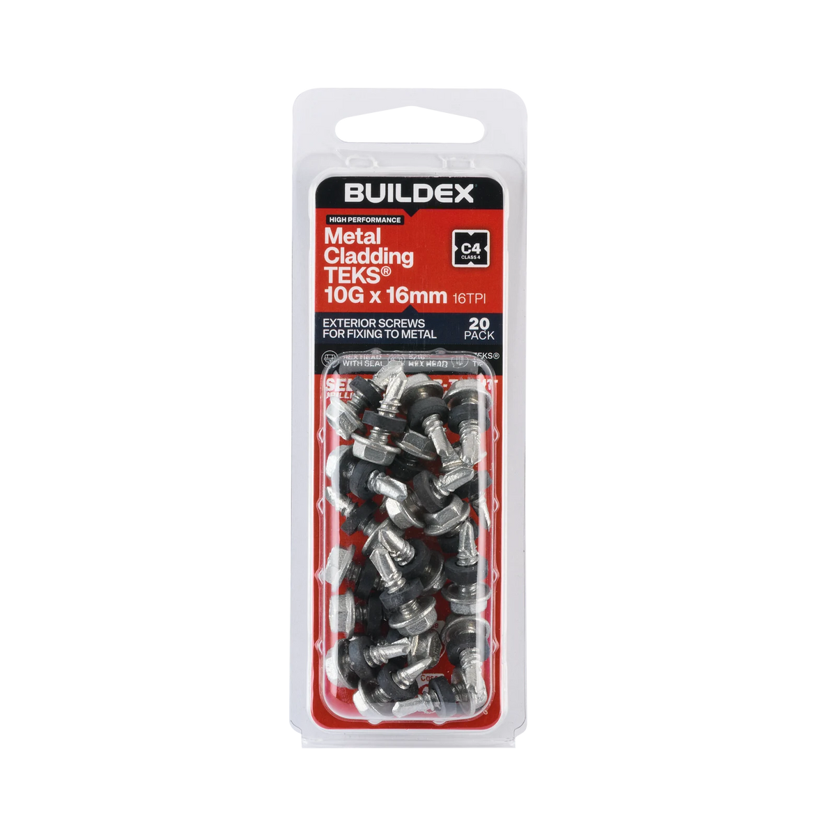 Buildex 10G x 16mm Class 4 Metal Cladding TEKS Screws with Seal, Hex Head - 20 Pack