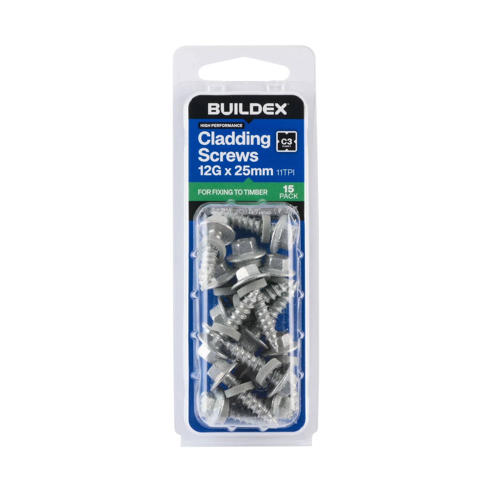 Buildex 12G x 25mm Class 3 Cladding Screws with Seal, Type 17 Hex Head - 15 Pack