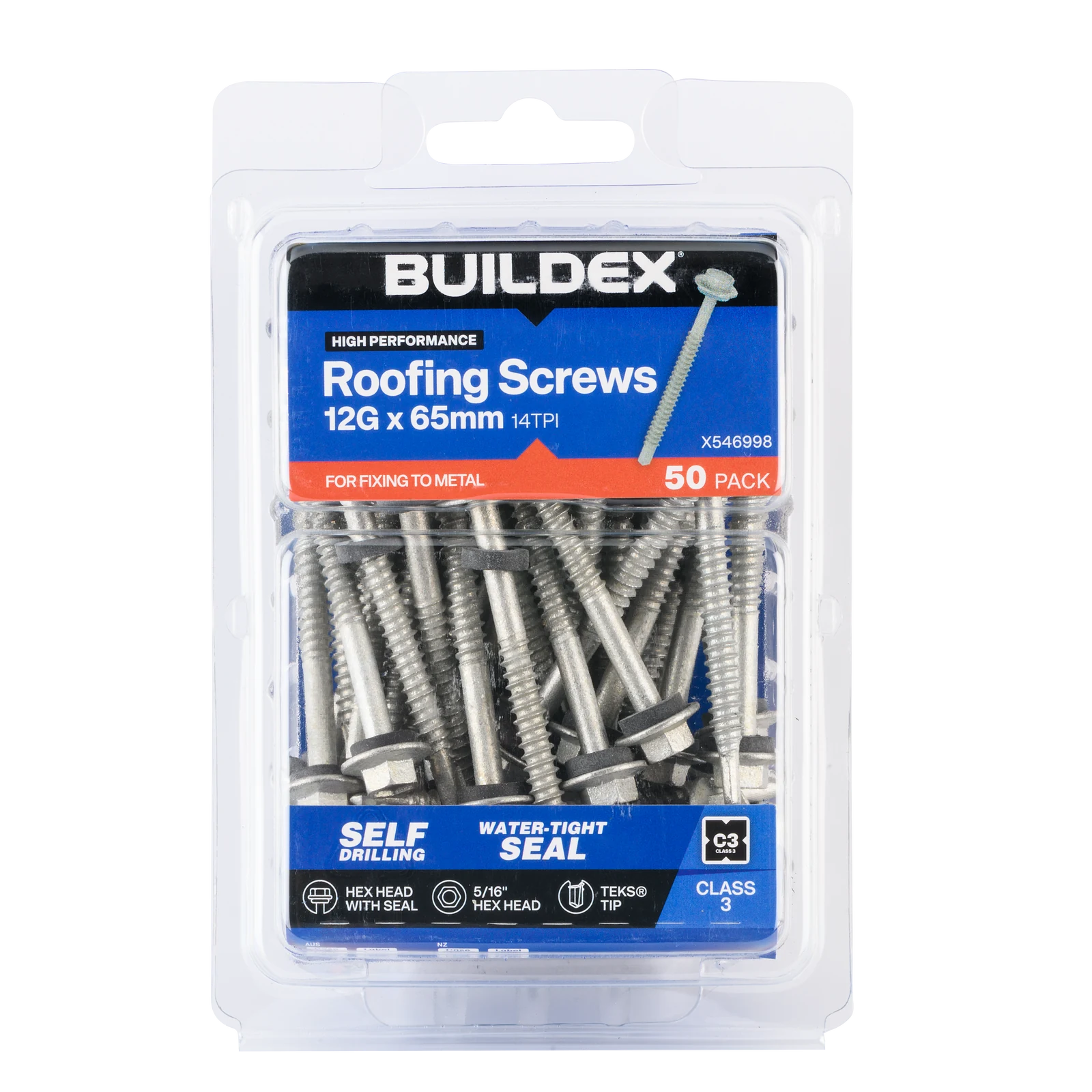 Buildex 12G x 65mm Class 3 Roofing TEKS Screws with Seal, Hex Head - 50 Pack
