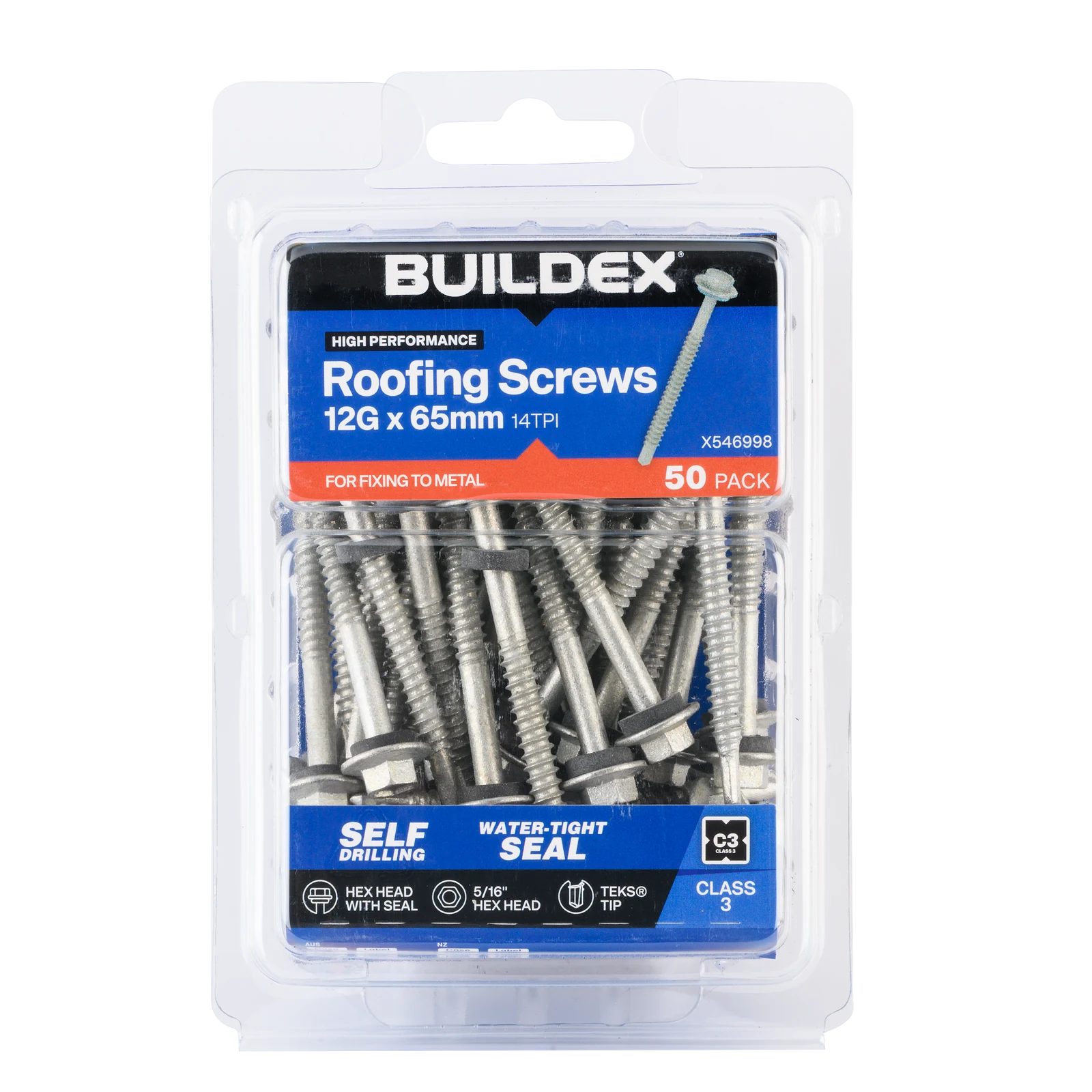 Buildex 12G x 65mm Class 3 Roofing TEKS Screws with Seal, Hex Head - 50 Pack