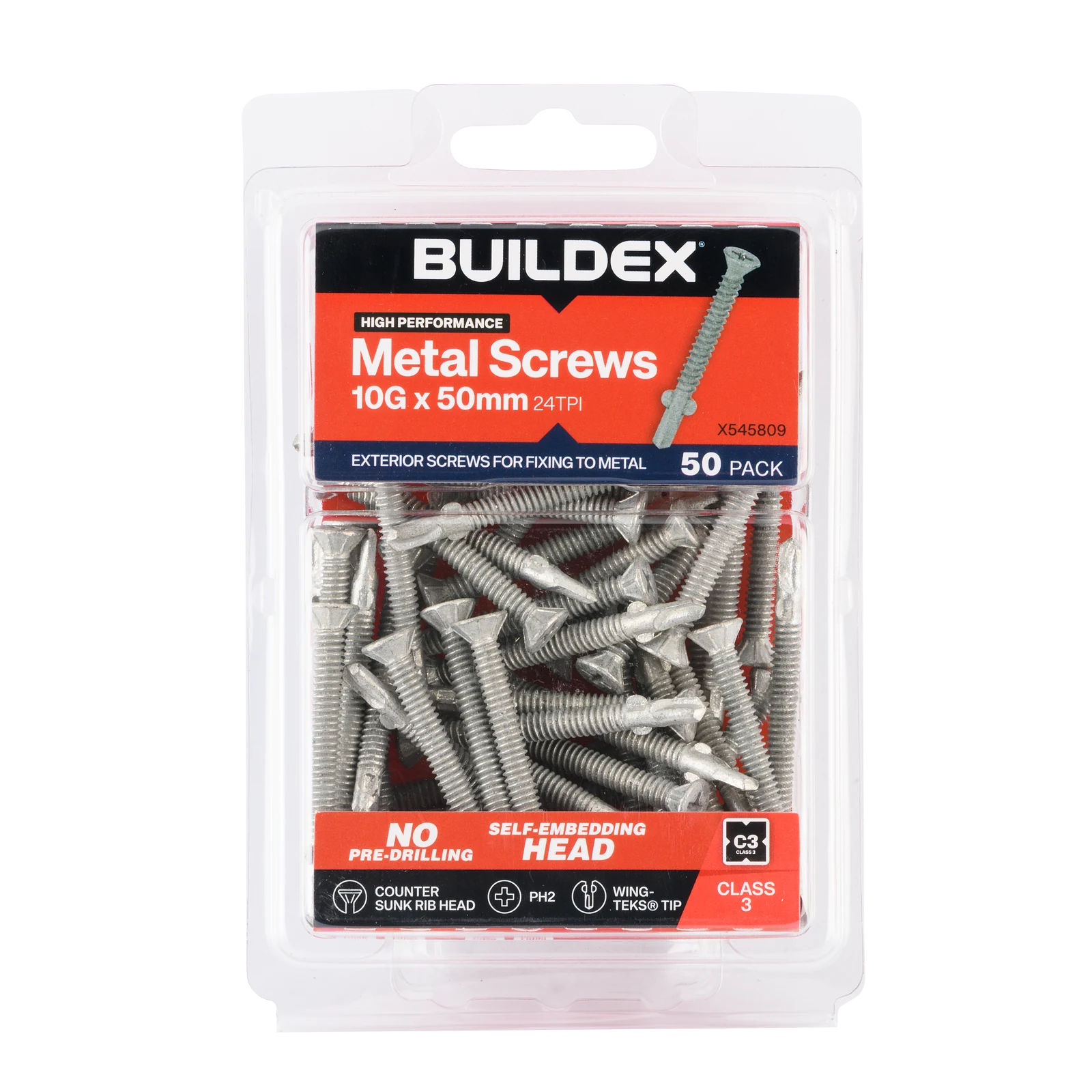 Buildex 10G x 50mm Class 3 Sheet Metal Screws, Countersunk Rib Head WING TEKS - 50 Pack