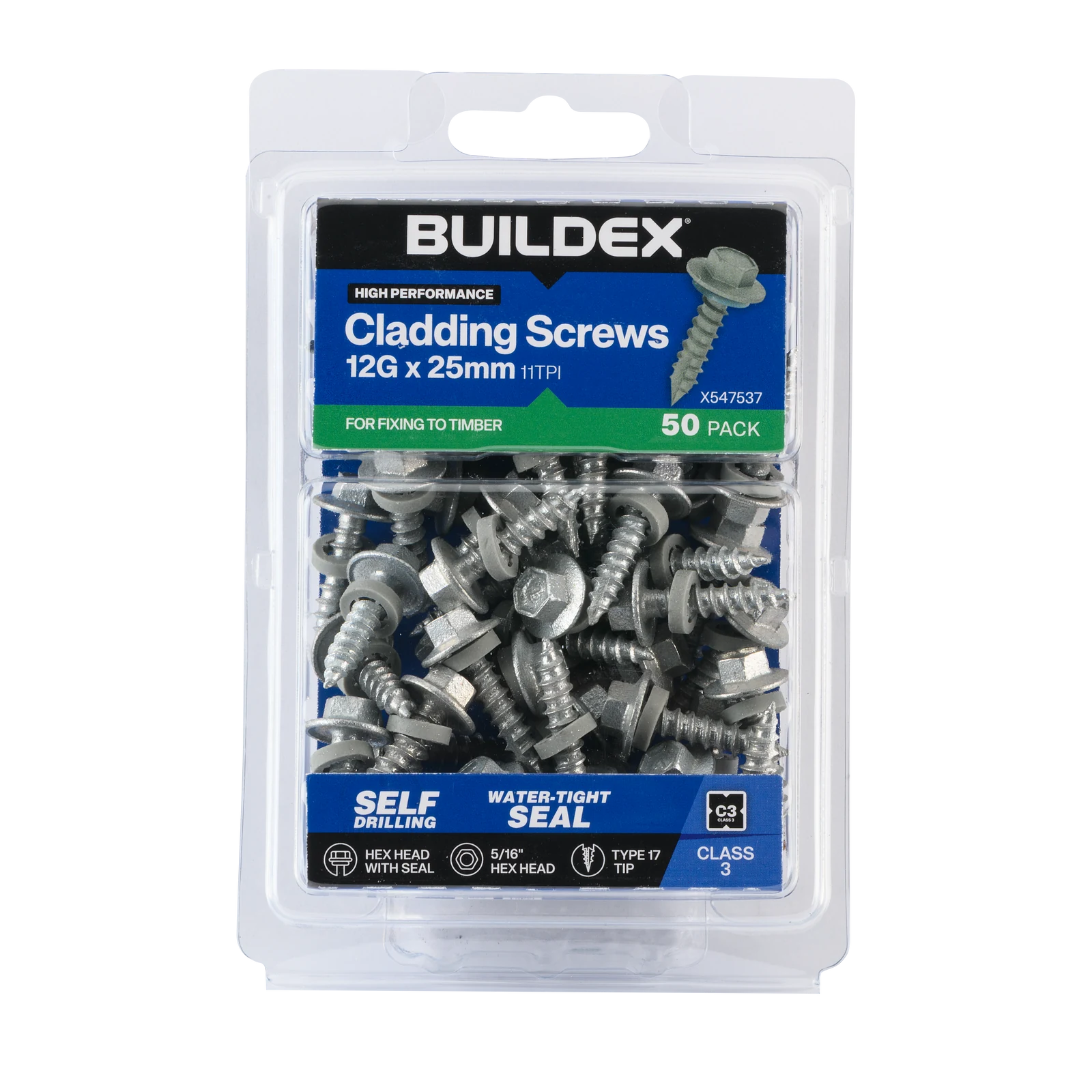 Buildex 12G x 25mm Class 3 Cladding Screws with Seal, Type 17 Hex Head - 50 Pack