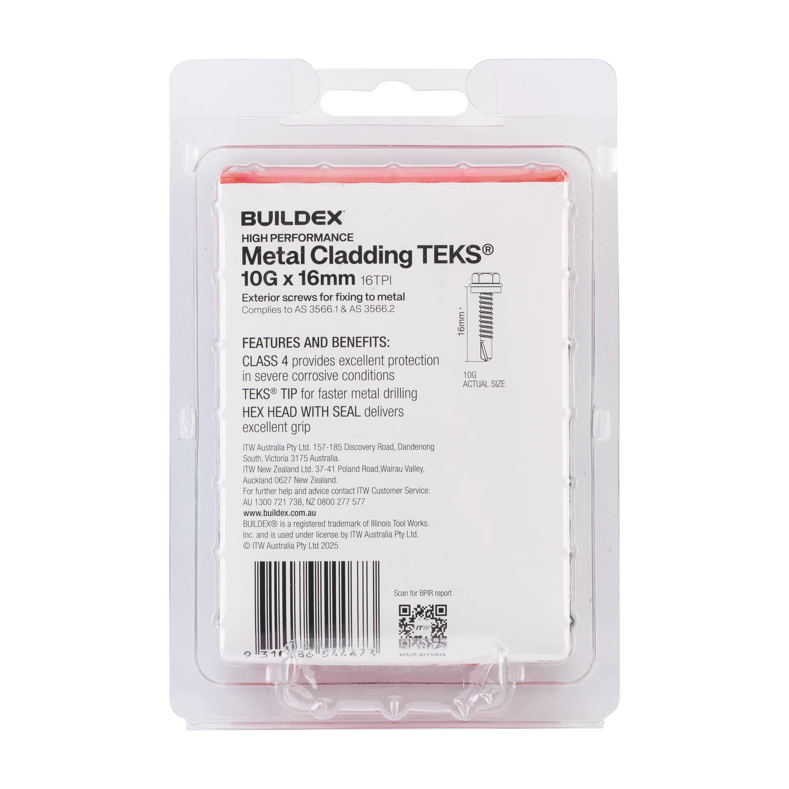 Buildex 10G x 16mm Class 4 Metal Cladding TEKS Screws with Seal, Hex Head - 100 Pack