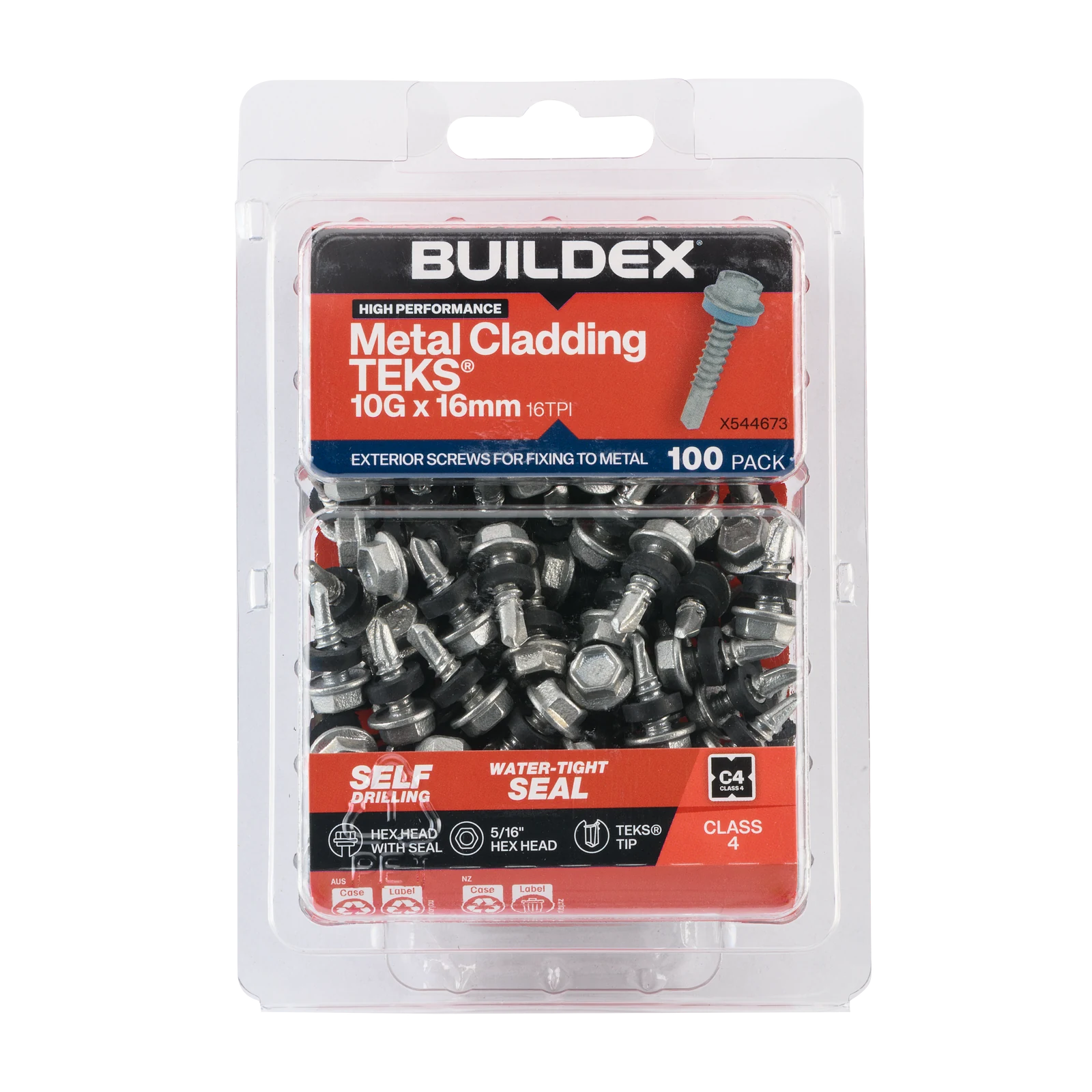 Buildex 10G x 16mm Class 4 Metal Cladding TEKS Screws with Seal, Hex Head - 100 Pack