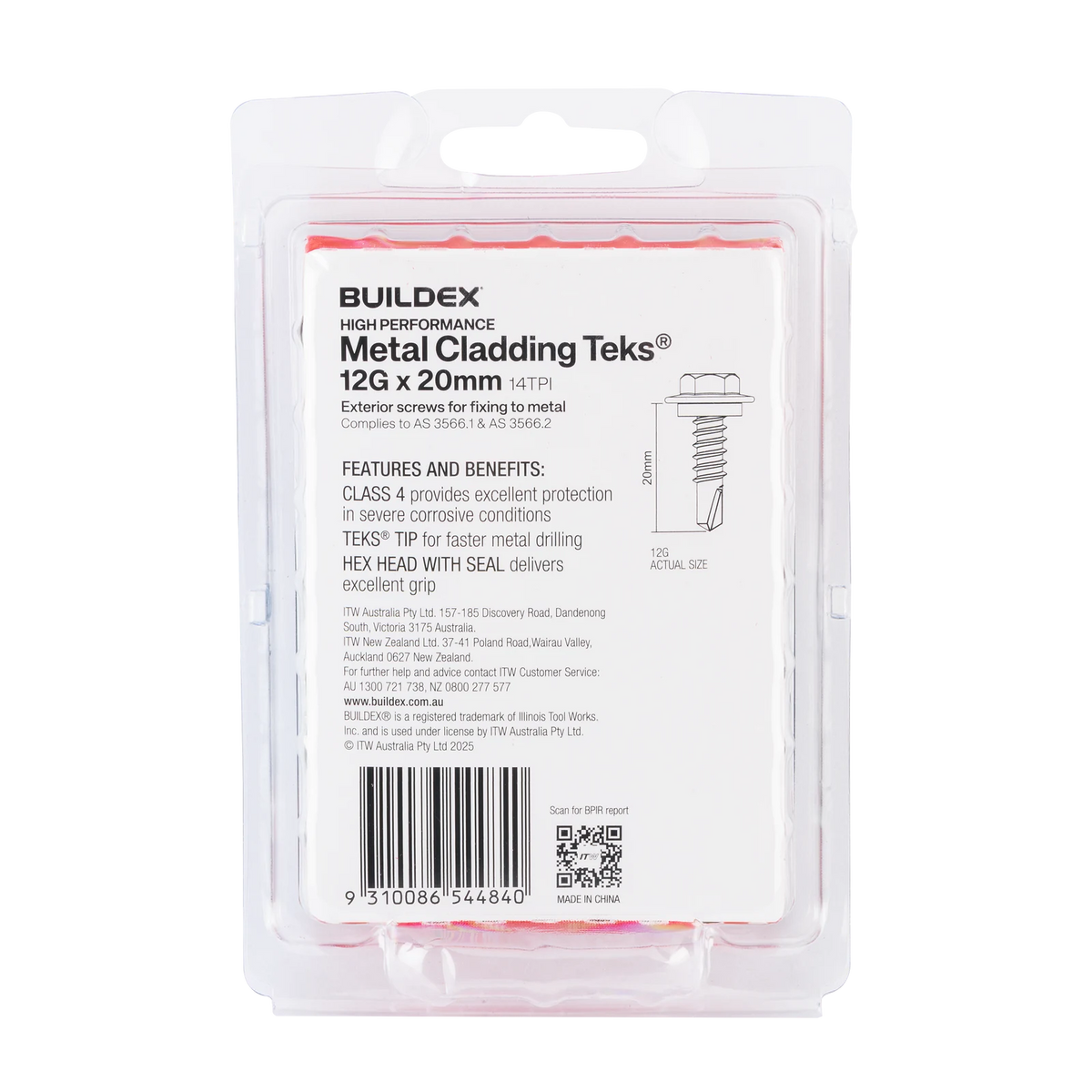 Buildex 12G x 20mm Class 4 Metal Cladding TEKS Screws with Seal, Hex Head - 50 Pack