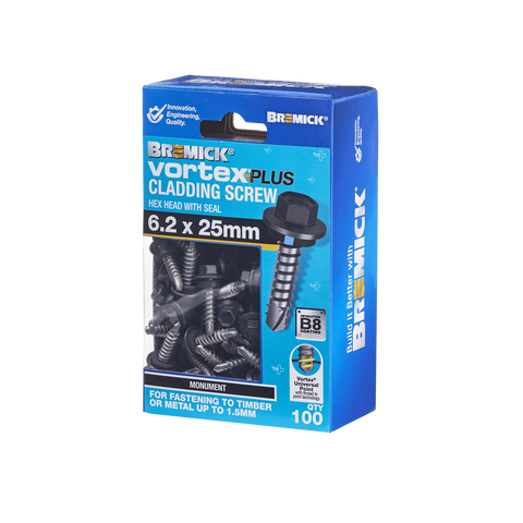 Bremick 6.2 x 25mm Vortex Plus Cladding Screw with Seal, Monument Hex Head - 100 Box