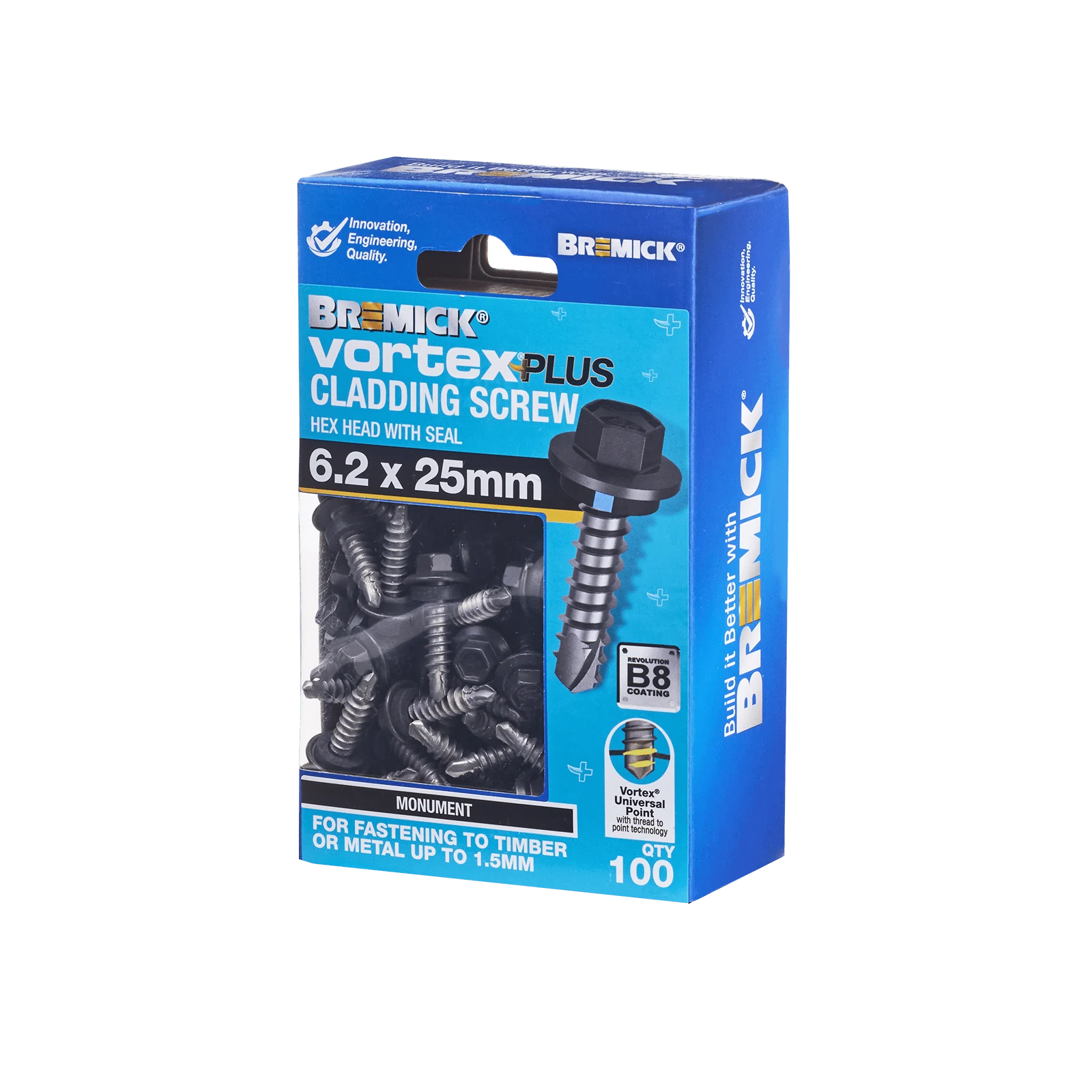 Bremick 6.2 x 25mm Vortex Plus Cladding Screw with Seal, Monument Hex Head - 100 Box