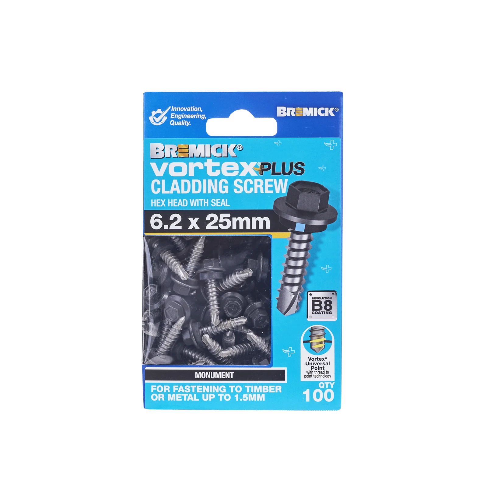 Bremick 6.2 x 25mm Vortex Plus Cladding Screw with Seal, Monument Hex Head - 100 Box