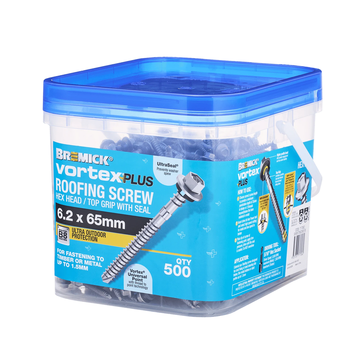 Bremick 6.2 x 65mm Vortex Plus Roofing Screw with Seal, Hex Head Fine Thread - 500 Box