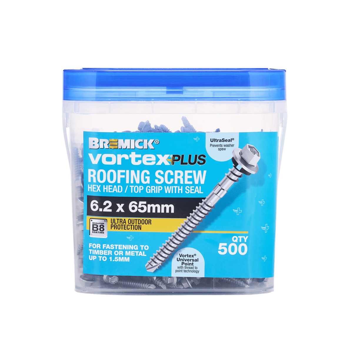 Bremick 6.2 x 65mm Vortex Plus Roofing Screw with Seal, Hex Head Fine Thread - 500 Box
