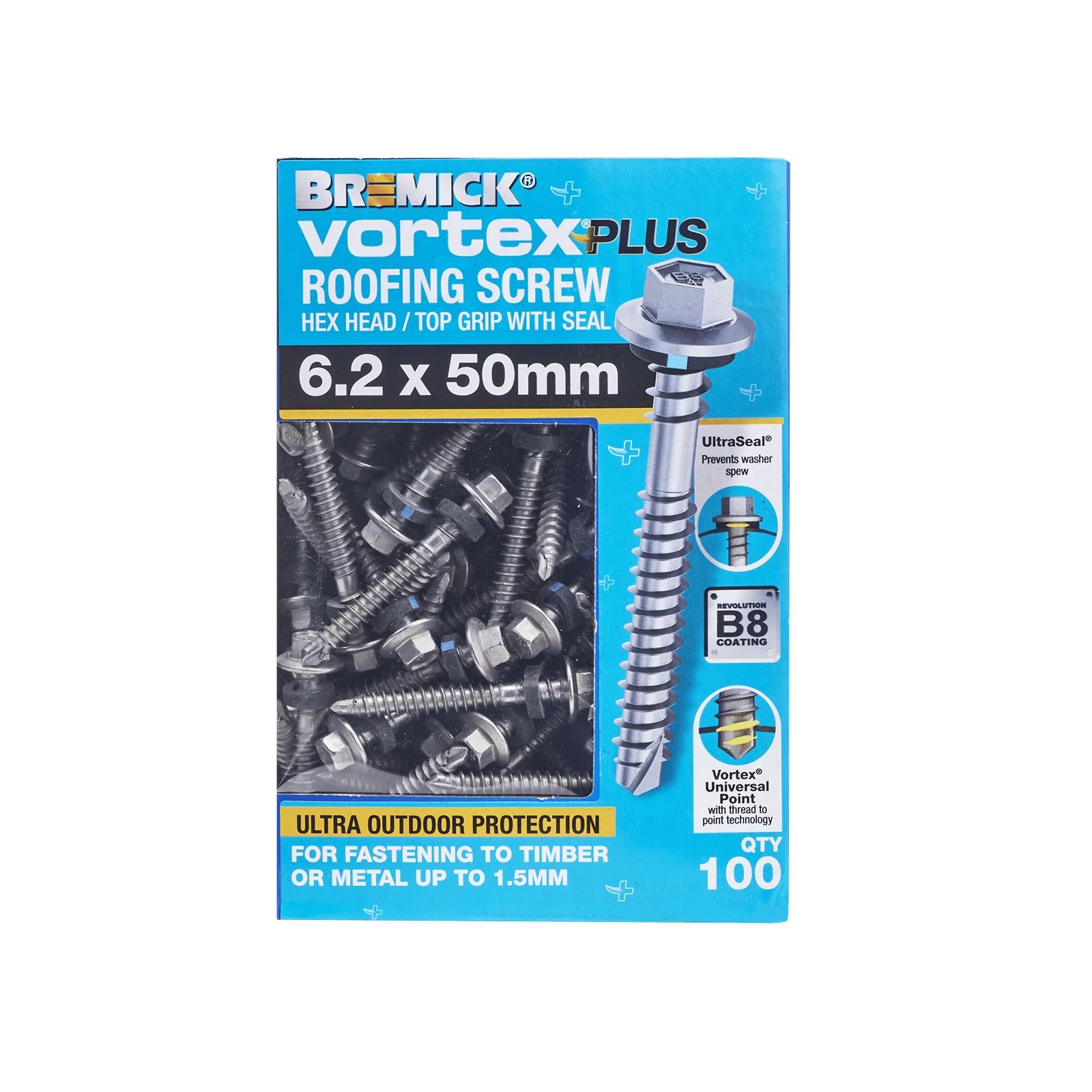 Bremick 6.2 x 50mm Vortex Plus Roofing Screw with Seal, Hex Head Fine Thread - 100 Box