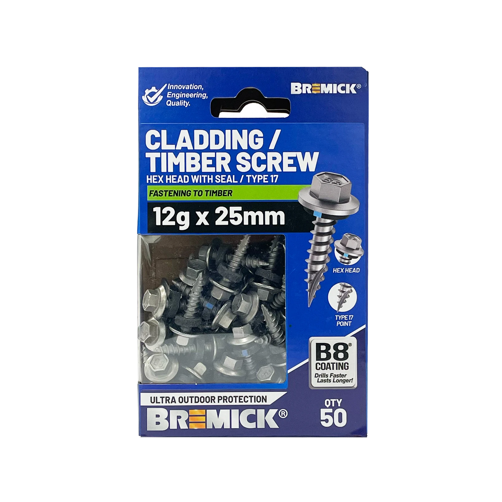 Bremick 12g x 25mm Hex Cladding Screws B8 Type 17 - 50 Pack
