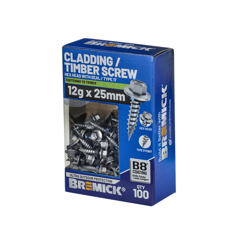 Bremick 12g x 25mm Hex Cladding Screw, Carbon Steel B8 Coating, Sealed Head Type 17 Point - 100 Pack