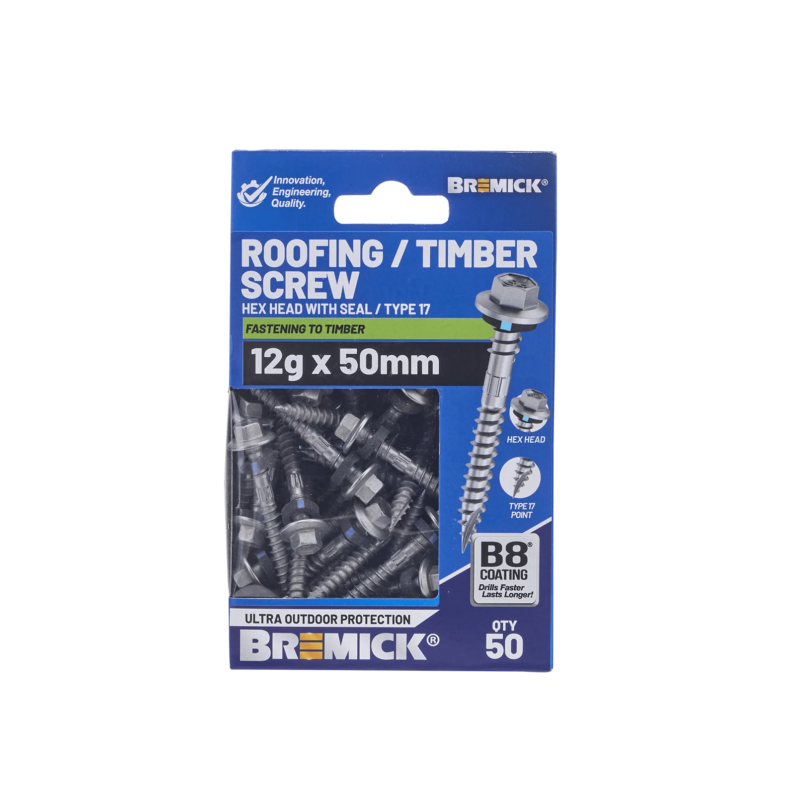 Bremick 12g x 50mm Hex Roofing Screws B8 Type 17 - 50 Pack