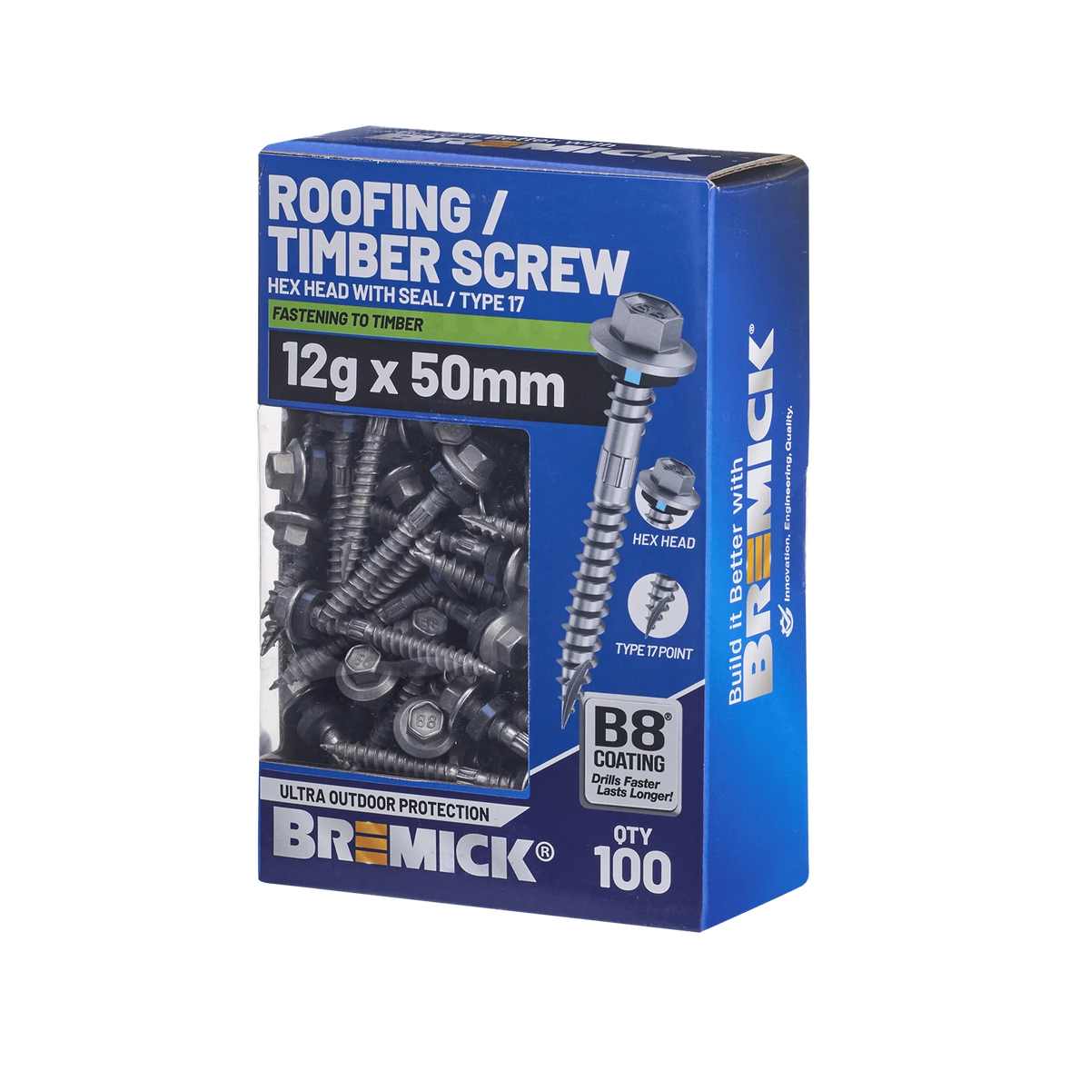 Bremick 12g x 50mm Hex Roofing Screw, Carbon Steel B8 Coating, Sealed Head Type 17 Point - 100 Box