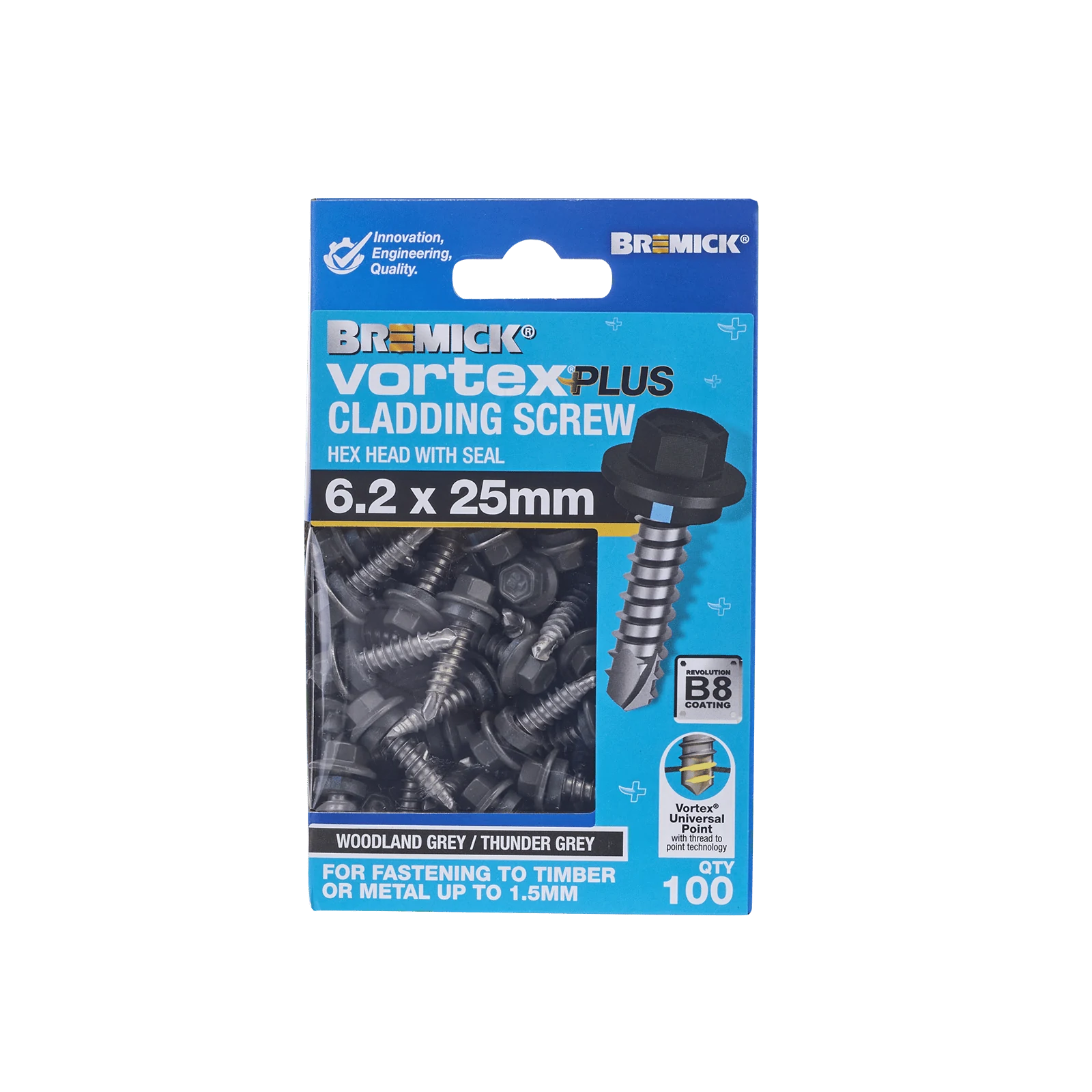 Bremick Vortex Plus 6.2 x 25mm Hex Cladding Screws B8 Woodland Grey - 100 Pack