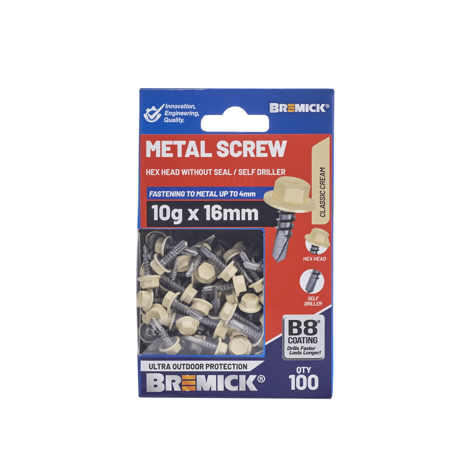 Bremick 10g x 16mm Hex Metal Screw, Carbon Steel B8 Classic Cream, Drill Point Fine Thread - 100 Box