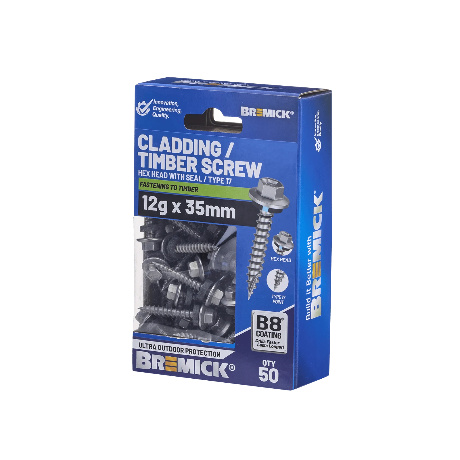 Bremick 12g x 35mm Hex Cladding Screw, Carbon Steel B8 Coating, Sealed Head Type 17 Point - 50 Pack