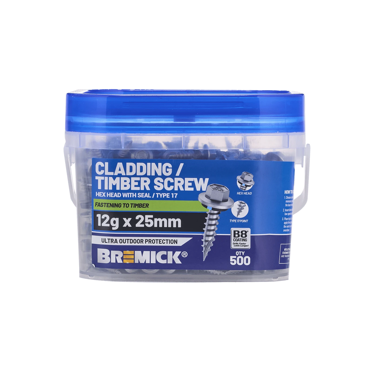 Bremick 12g x 25mm B8 Hex Cladding Screw Type 17 Carbon Steel - Box 500