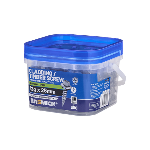 Bremick 12g x 25mm B8 Hex Cladding Screw Type 17 Carbon Steel - Box 500