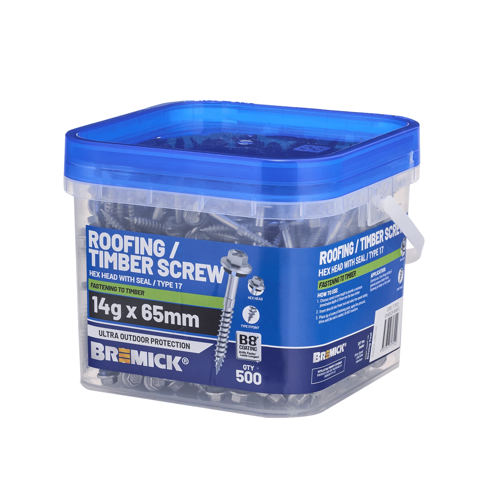 Bremick 14g x 65mm B8 Hex Roofing Screw Type 17 Carbon Steel - Box 500