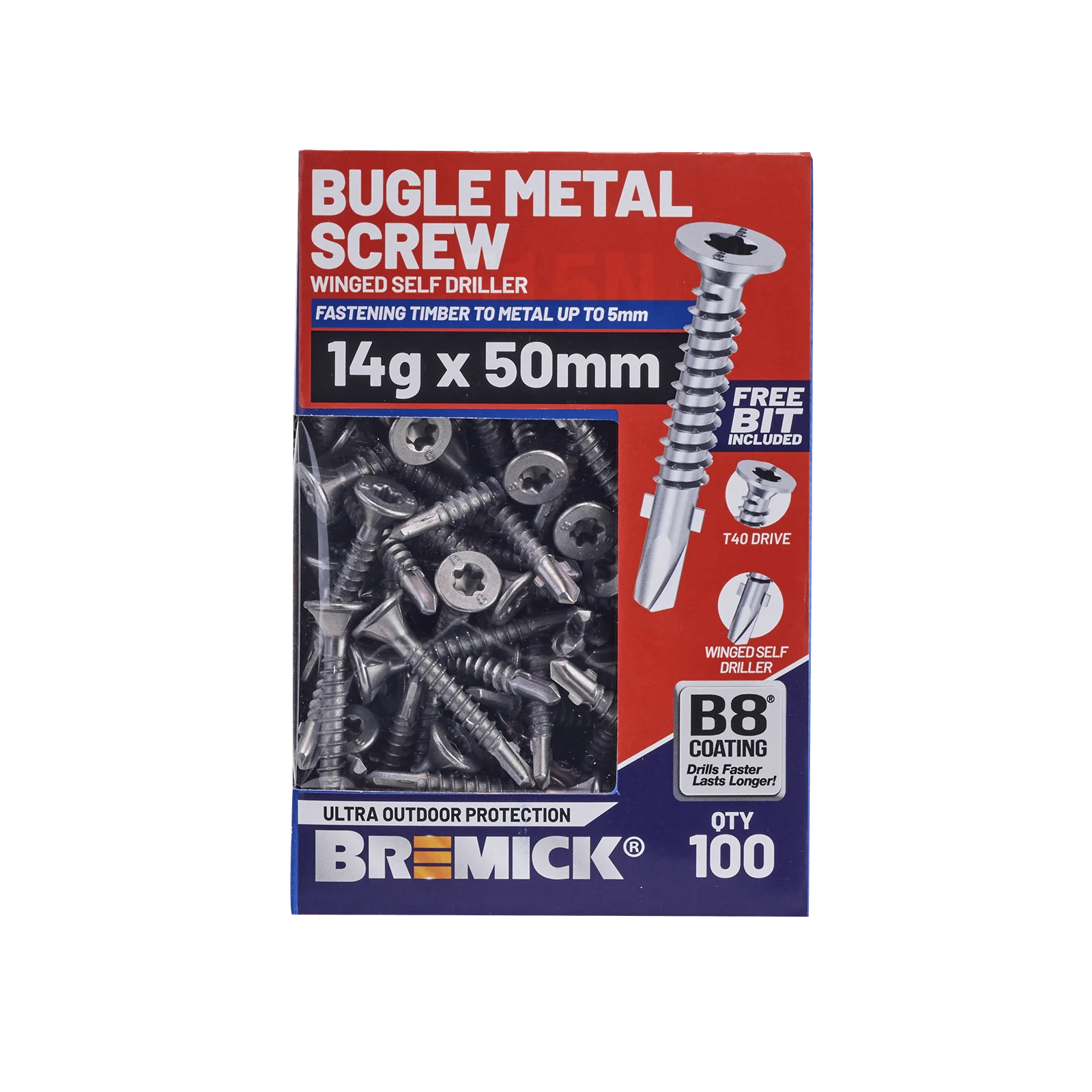 Bremick 14g x 50mm Bugle Head Metal Screw, Carbon Steel B8 Coating, T40 Drive Winged Drill Point - 100 Box