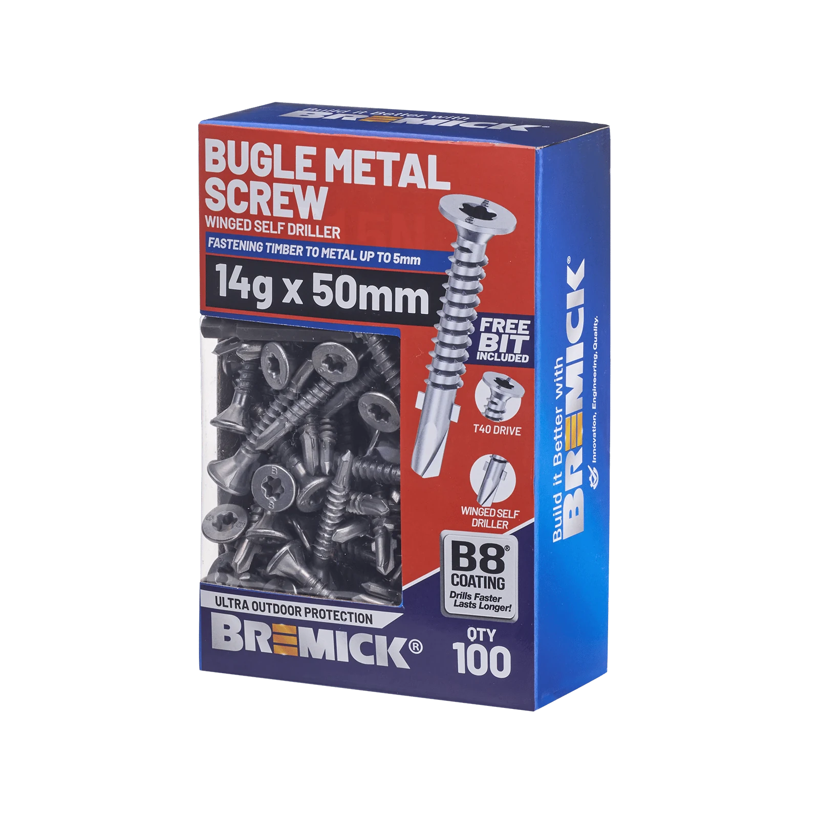 Bremick 14g x 50mm Bugle Head Metal Screw, Carbon Steel B8 Coating, T40 Drive Winged Drill Point - 100 Box