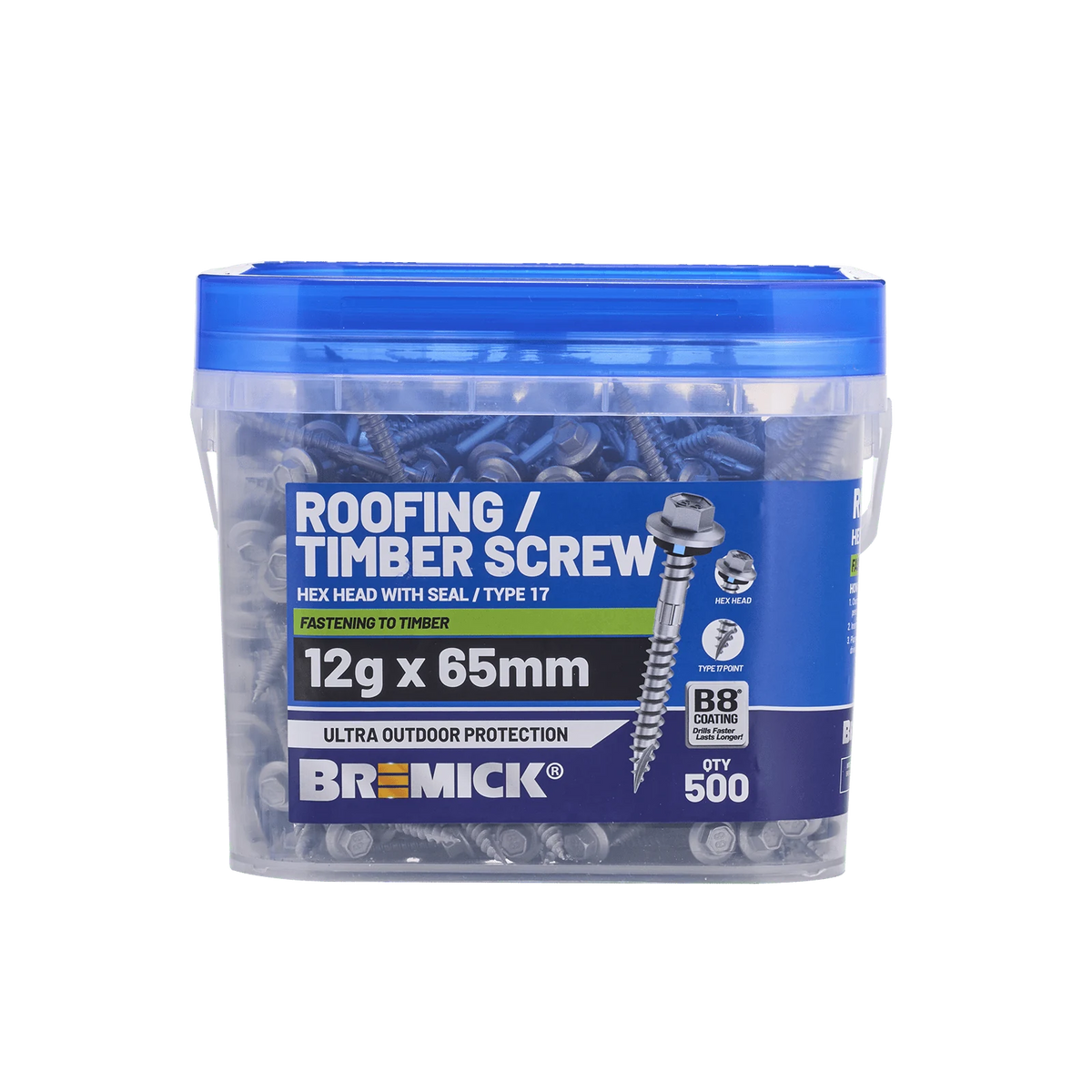Bremick 12g x 65mm B8 Hex Roofing Screw Type 17 Carbon Steel - Box 500