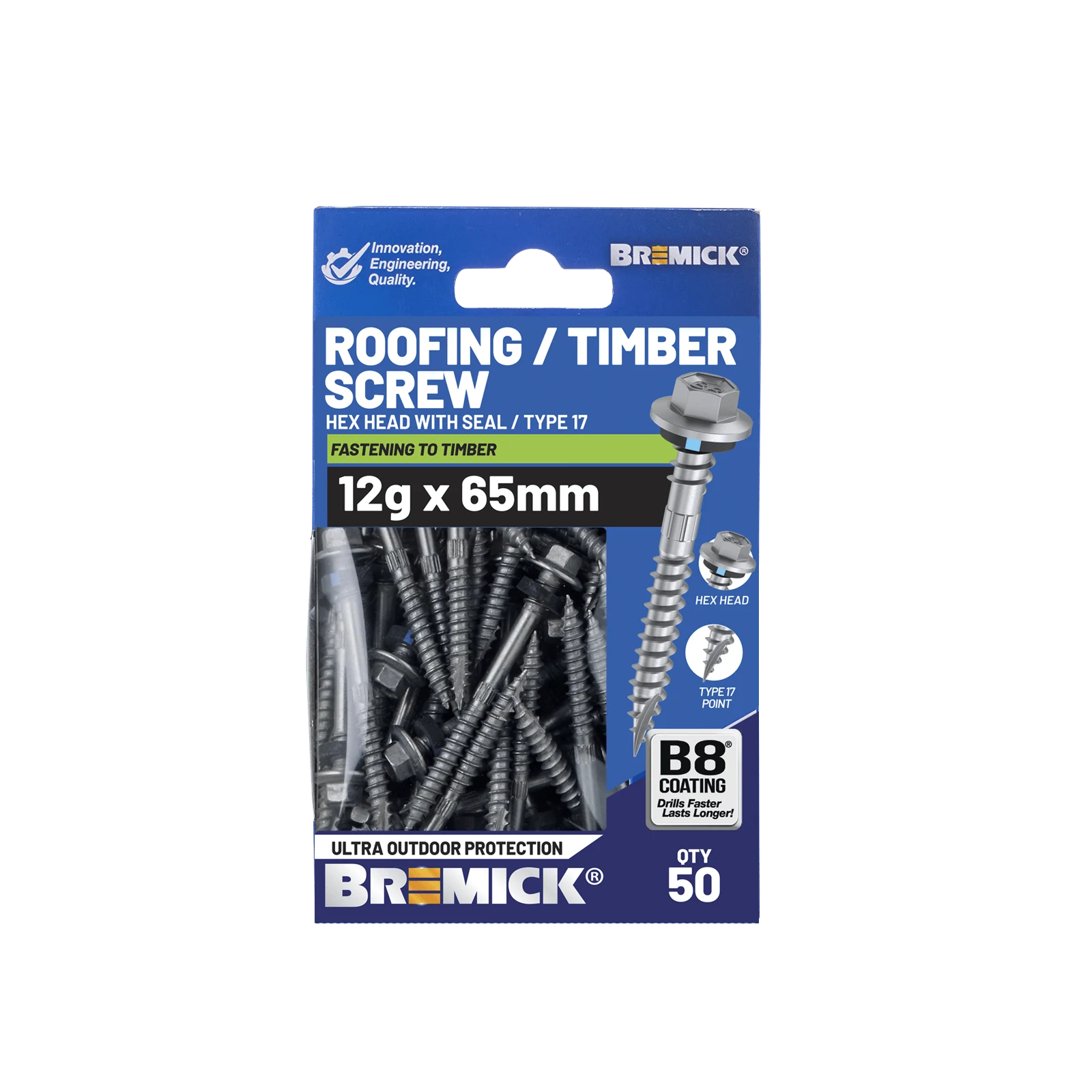Bremick 12g x 65mm Hex Roofing Screw, Carbon Steel B8 Coating, Sealed Head Type 17 Point - 50 Pack