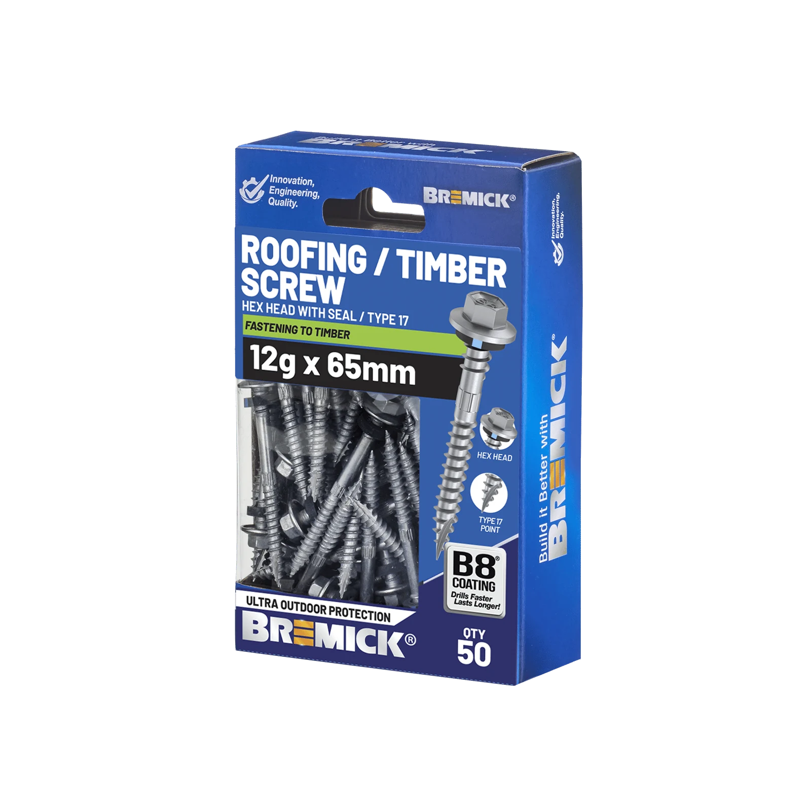 Bremick 12g x 65mm Hex Roofing Screw, Carbon Steel B8 Coating, Sealed Head Type 17 Point - 50 Pack