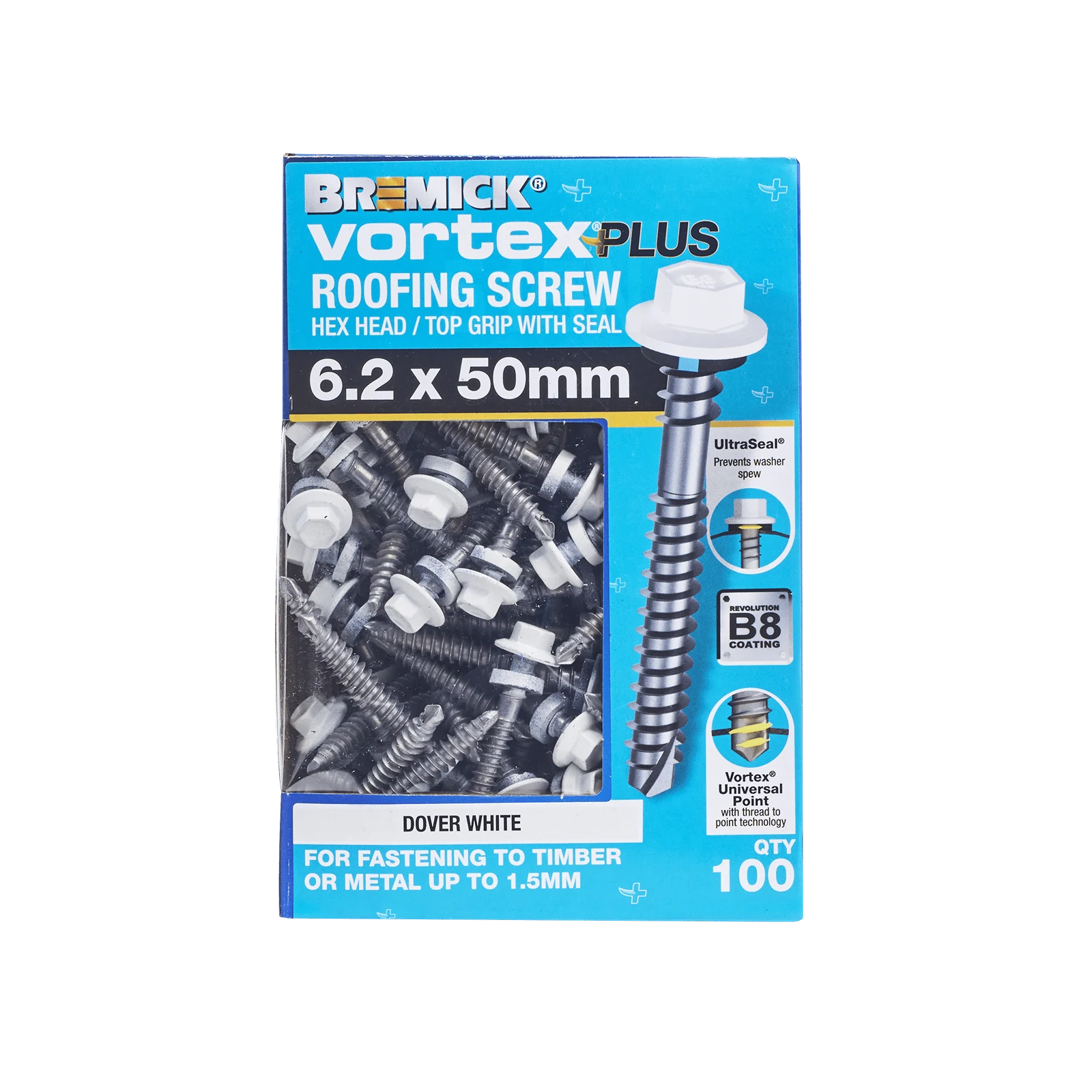 Bremick Vortex Plus 6.2 x 50mm Hex Roofing Screw, Carbon Steel B8 Dover White, Sealed Head Vortex Point - 100 Box