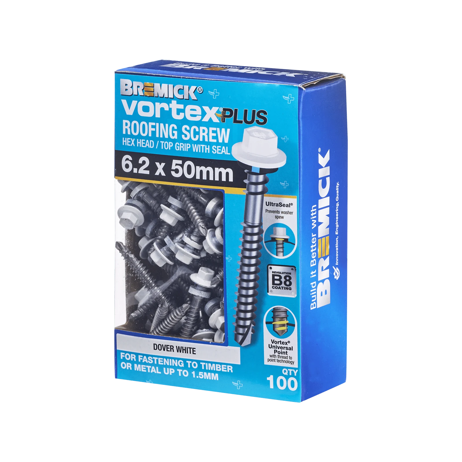 Bremick Vortex Plus 6.2 x 50mm Hex Roofing Screw, Carbon Steel B8 Dover White, Sealed Head Vortex Point - 100 Box