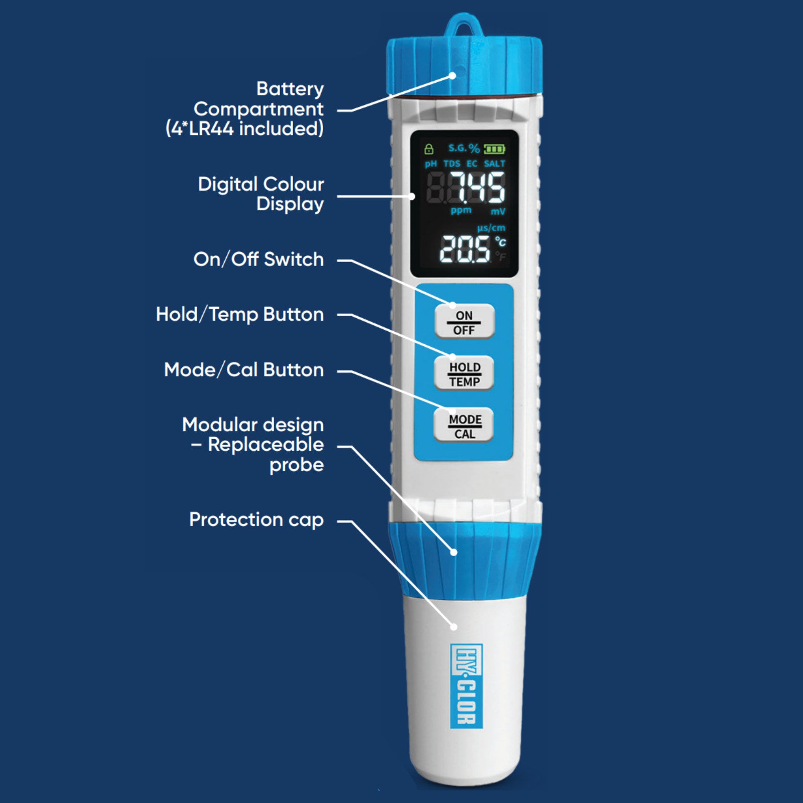 Hy-Clor 7 In 1 Multi Test Pen HYCPROBE7IN1 Waterproof Digital Pool & Spa Water Tester
