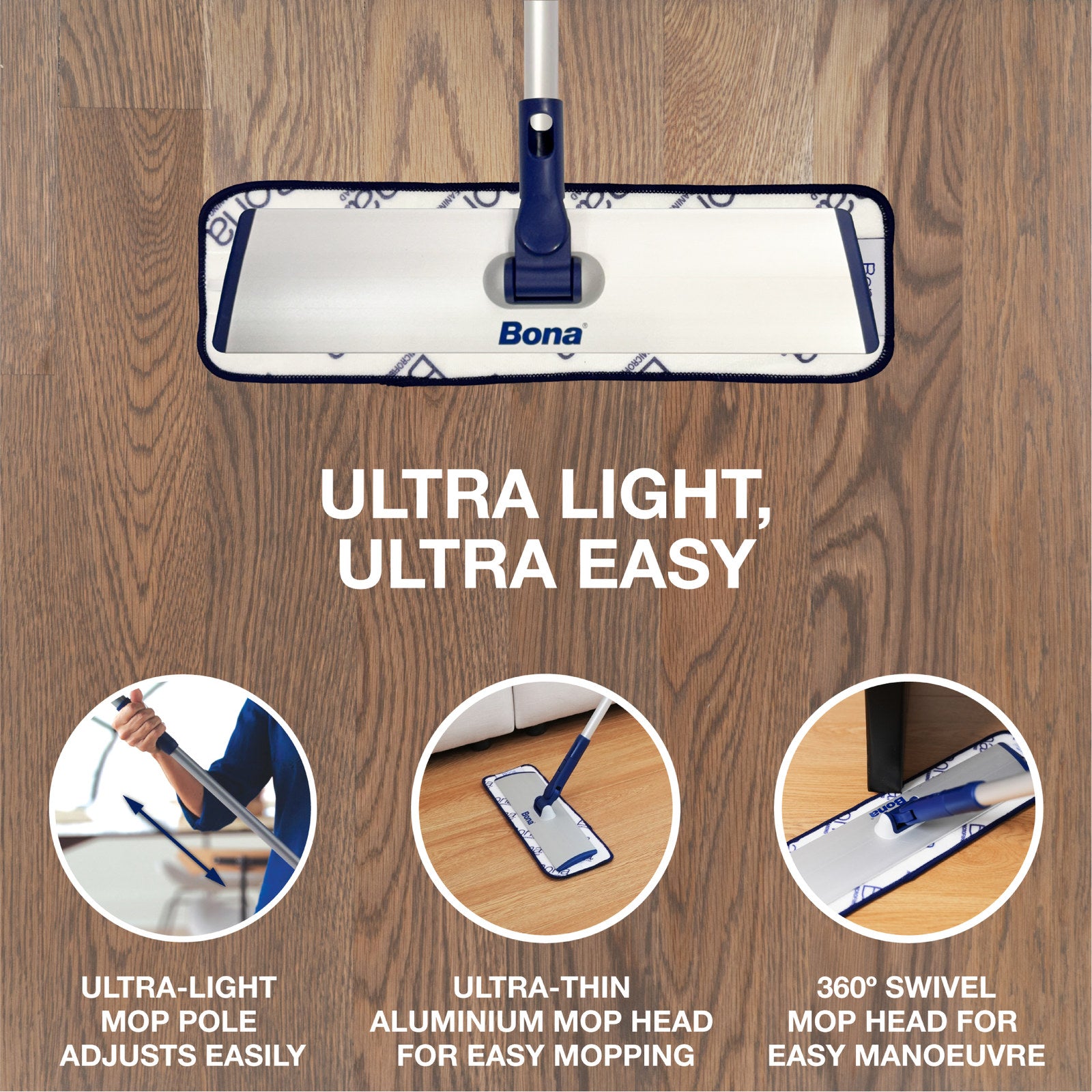 Bona Deluxe Microfibre Mop with 2 Pads 1360mm Telescopic Swivel Floor Mop