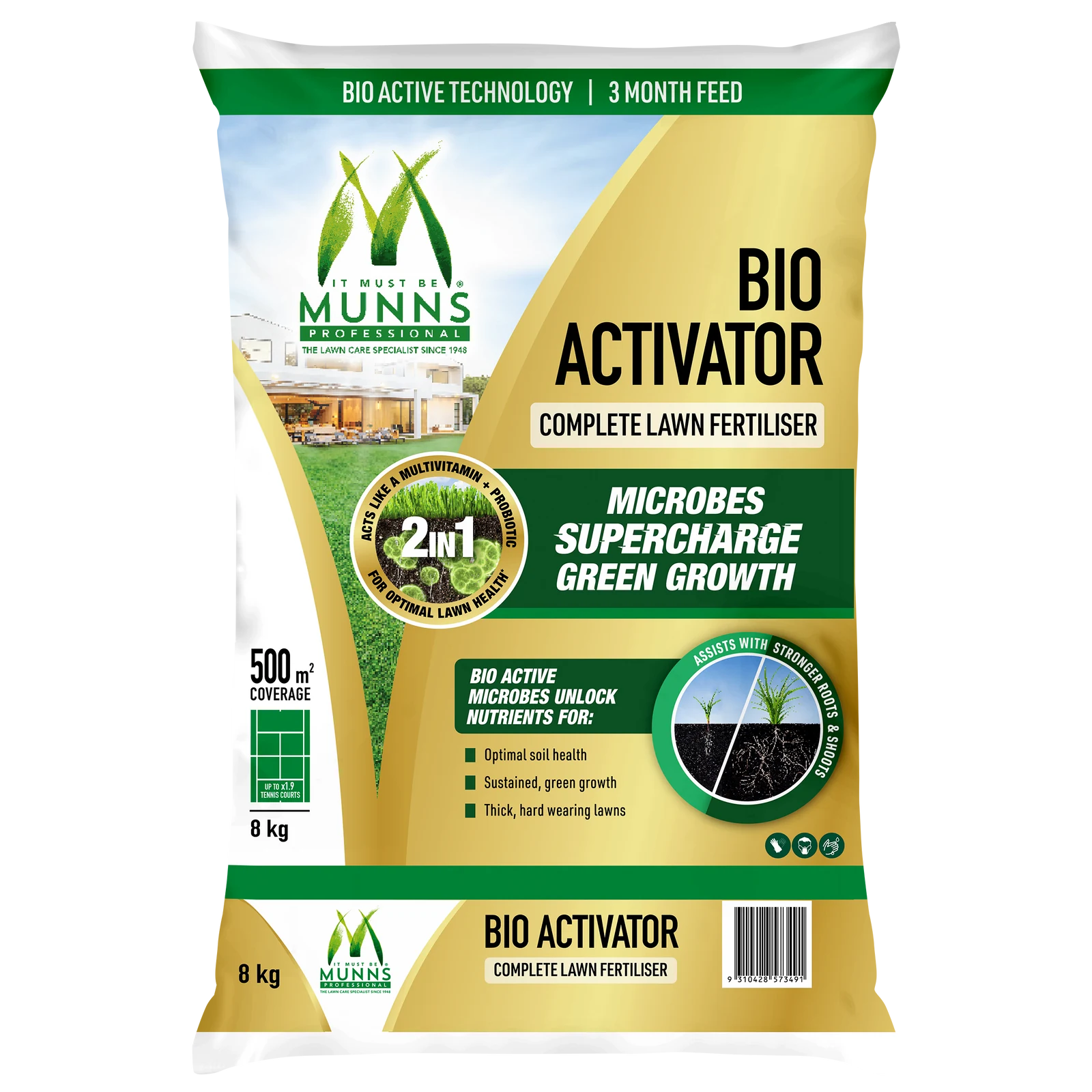 Munns Professional 8kg Bio Activator Granular Lawn Fertiliser, All Lawns, 500m2 Coverage