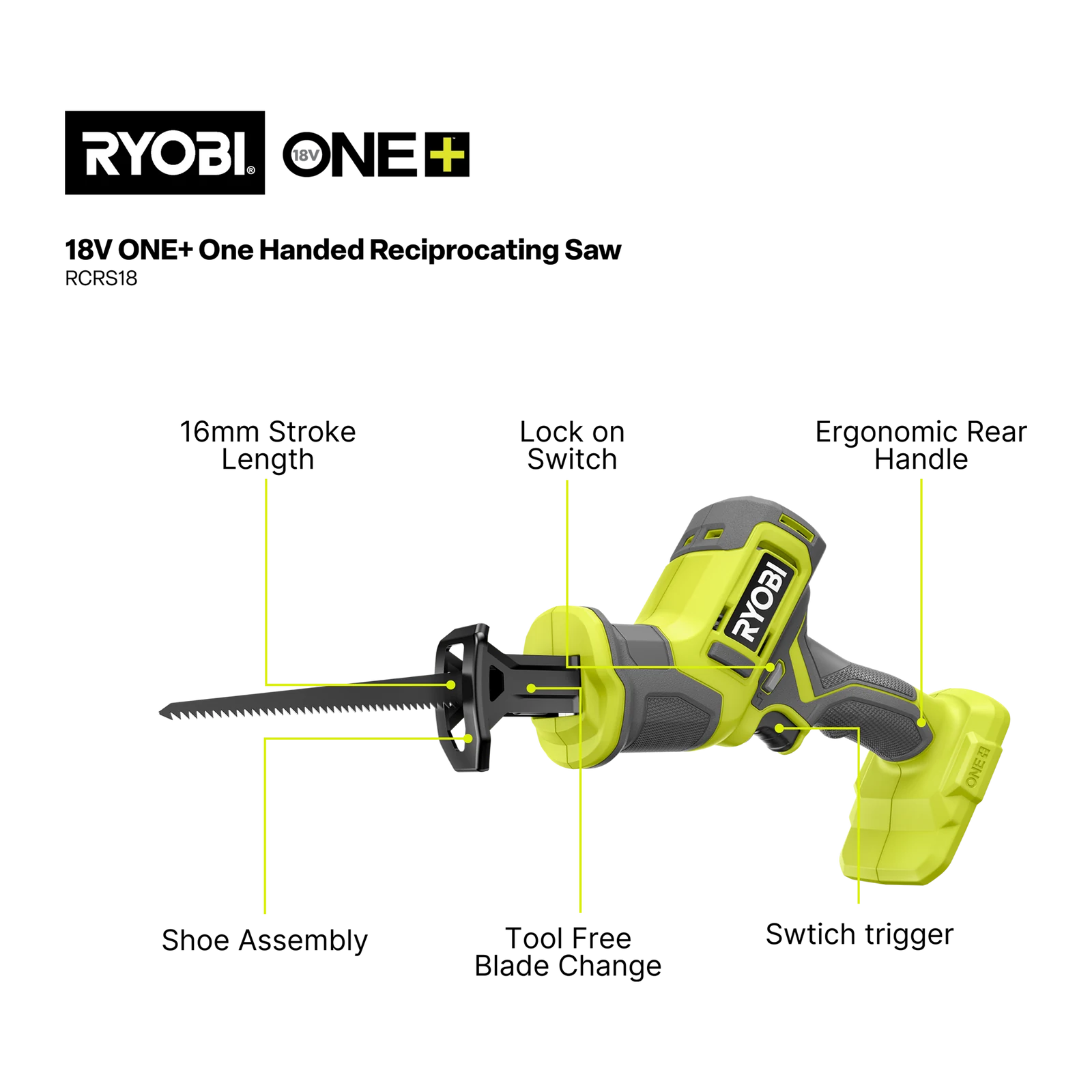 Ryobi 18V ONE+ One-Handed Reciprocating Saw RCRS18 - Tool Only