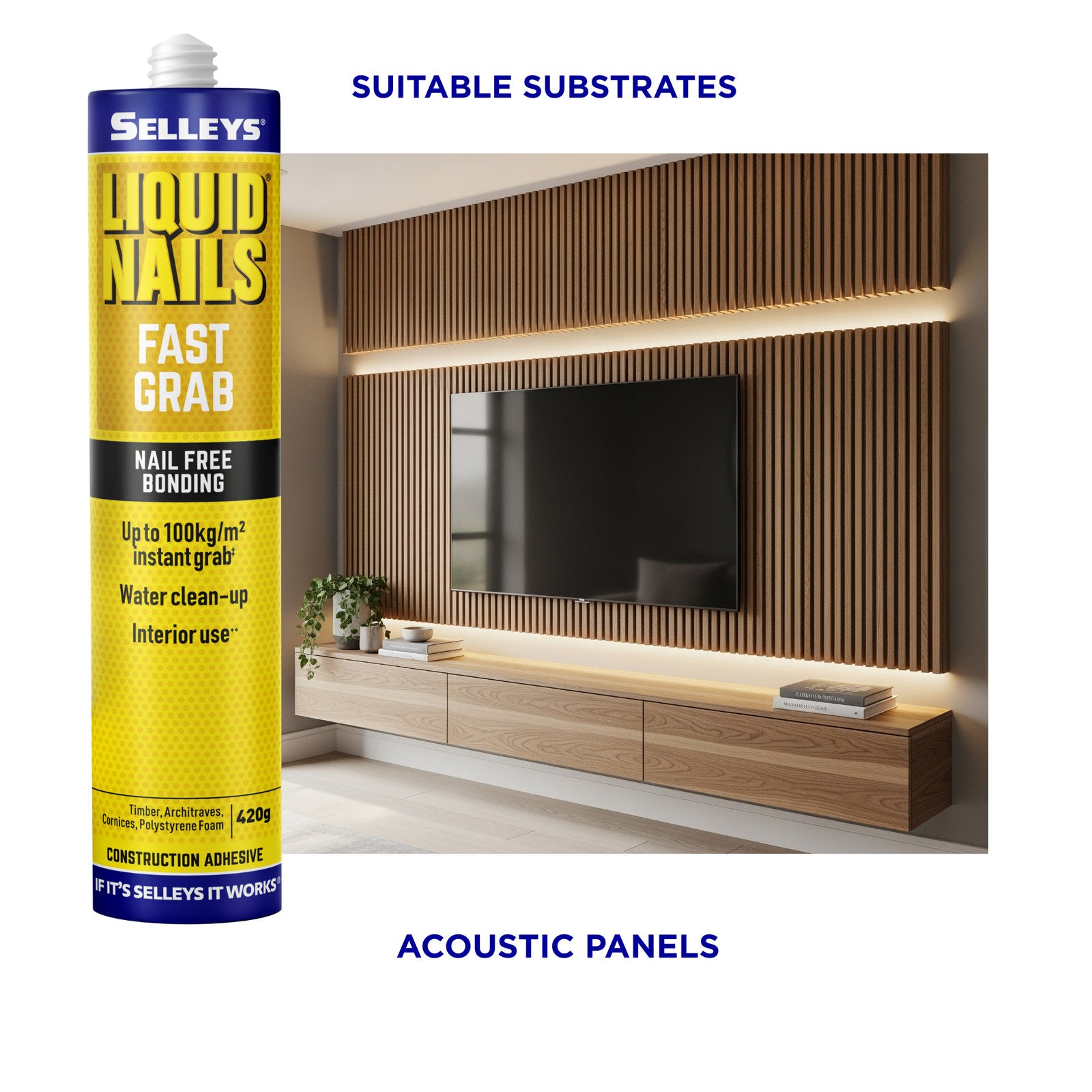 Selleys Liquid Nails Fast Grab Construction Adhesive 420g - 3 Pack, Acrylic Polymer, Bridges Gaps