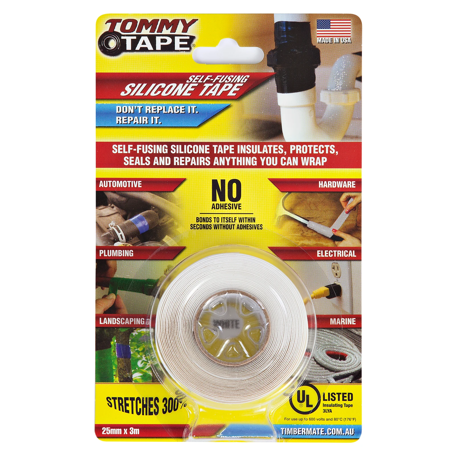 Tommy Tape 25mm x 3m White Self-Fusing Silicone Tape, UV & Moisture Resistant