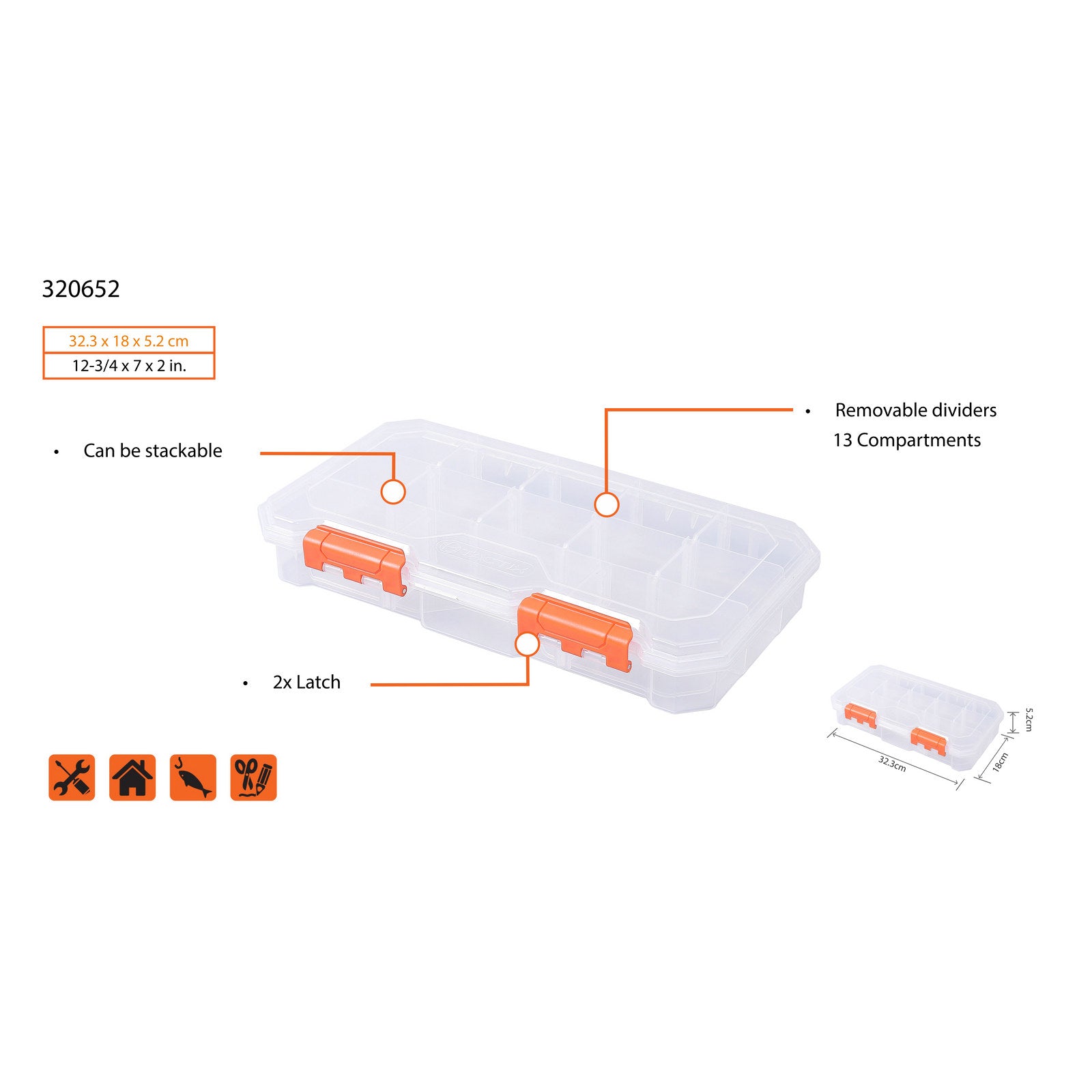 Tactix 13 Compartment Storage Box Transparent Polypropylene Removable Dividers Stackable