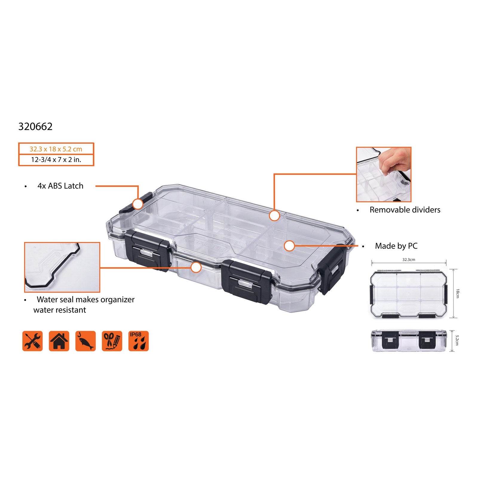 Tactix 9 Compartment Waterproof Storage Box - Large Clear Stackable Polycarbonate Organiser