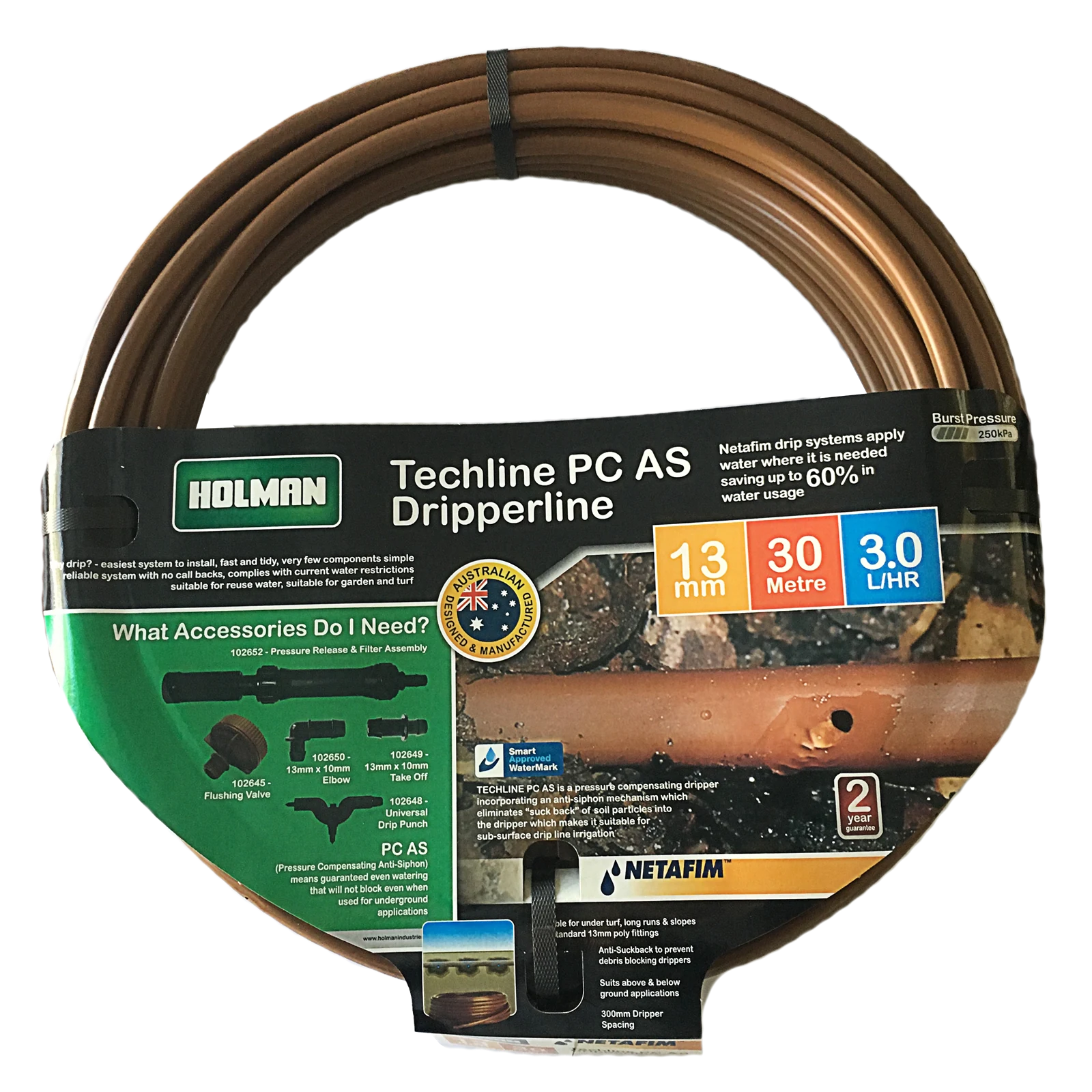 Holman 13mm Techline PC Drip Irrigation Tube 30m - UV & Kink Resistant Poly Line